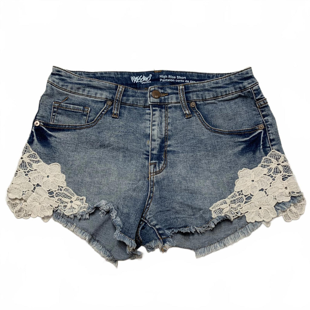 Mossino Womens Size 8/W29 High Rise Denim Shorts Lace Trim