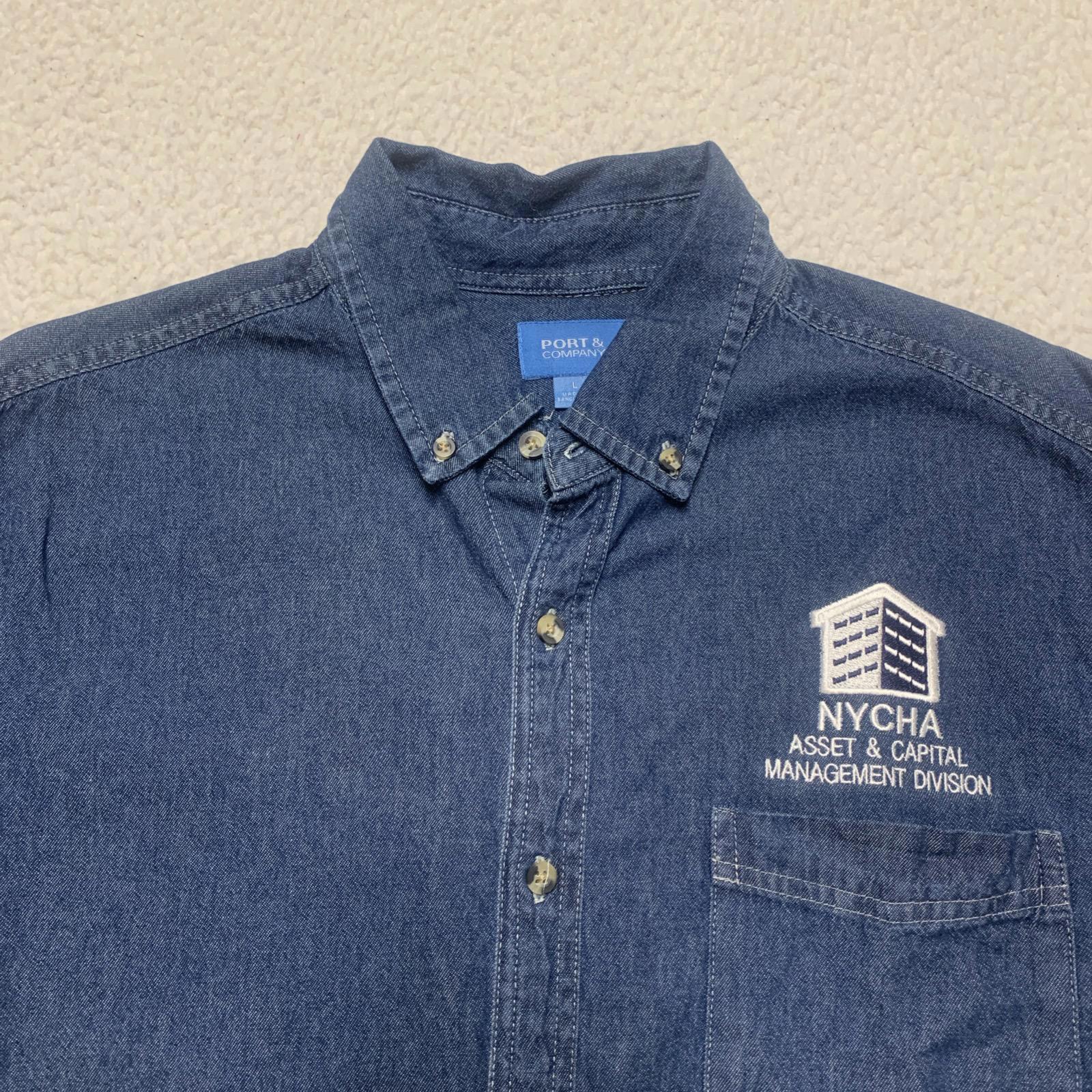 Port & Company Men's Size L Denim Blue Work Shirt NYCHA Uniform Utility Core