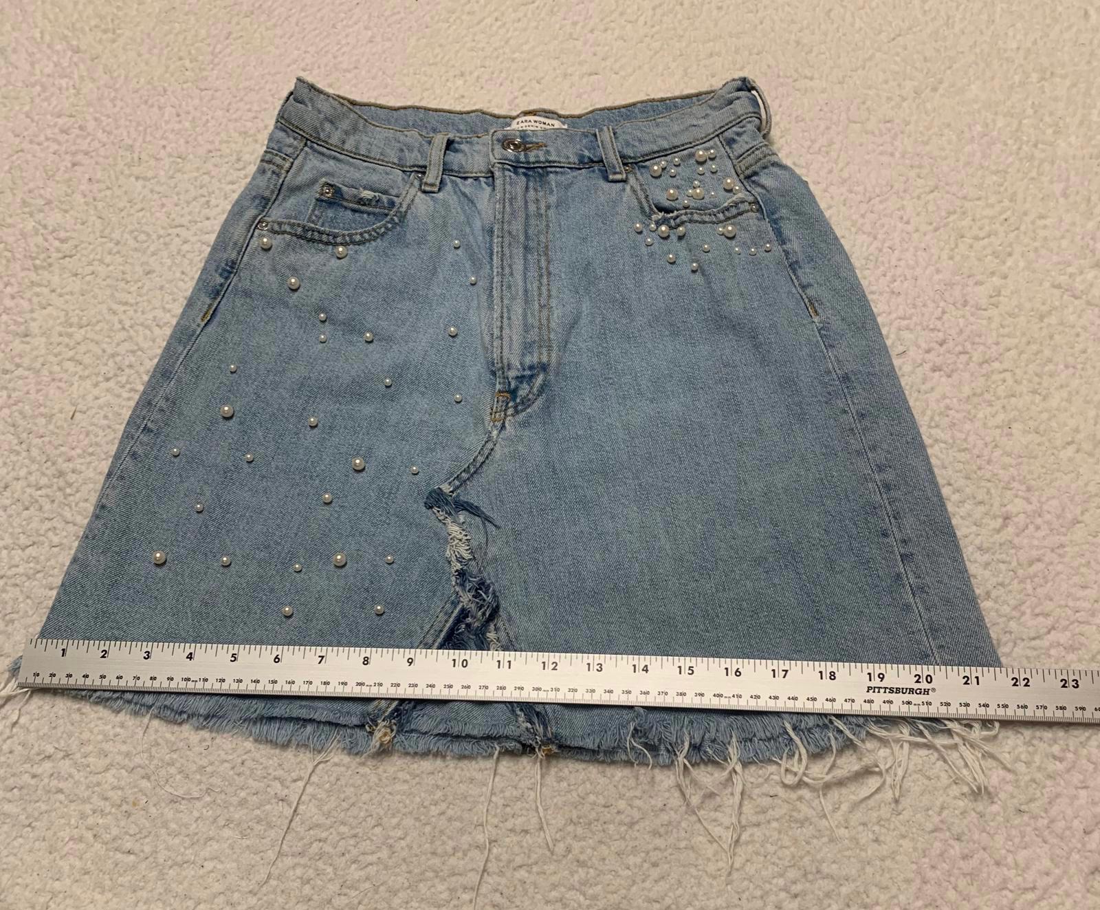 Zara Women's Size M Blue Distressed light wash Denim Skirt Pearl Bead Details