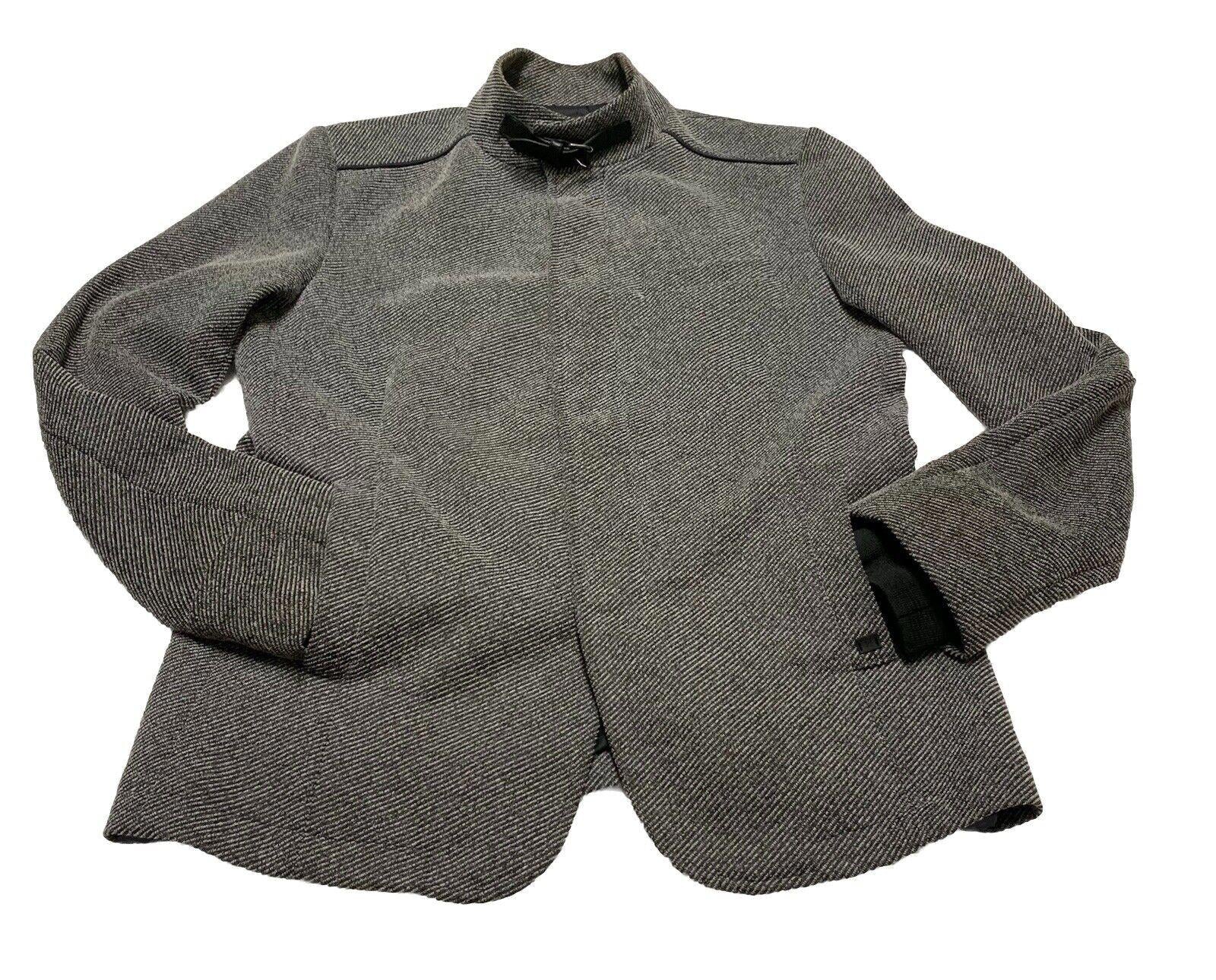 Zara Man buckle High Collar  Coat Size 42 Herringbone Gray Made in Turkey