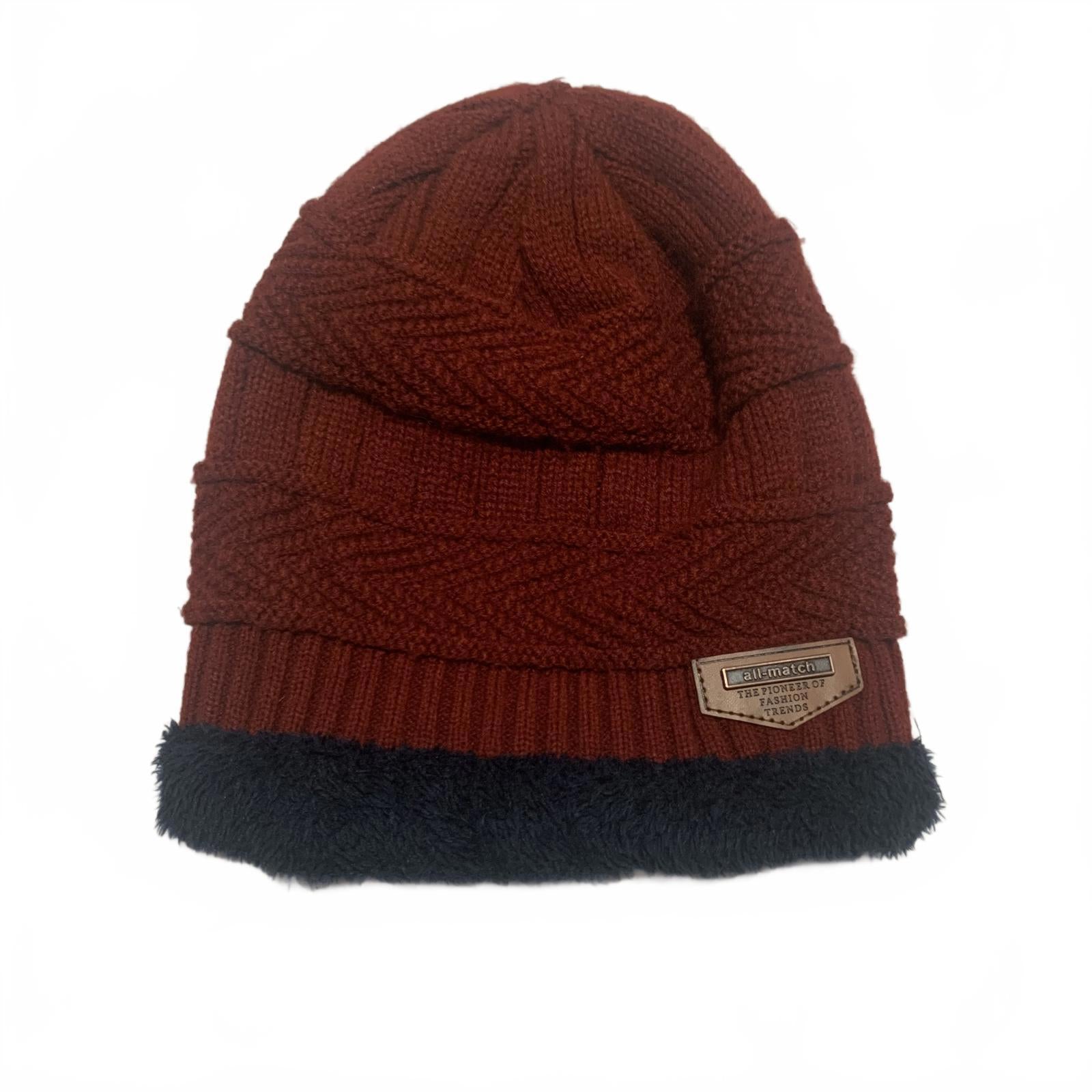 All-match Winter Knit Hat Scarf Gloves Set Burgundy Navy Faux Fur Lining OSFA