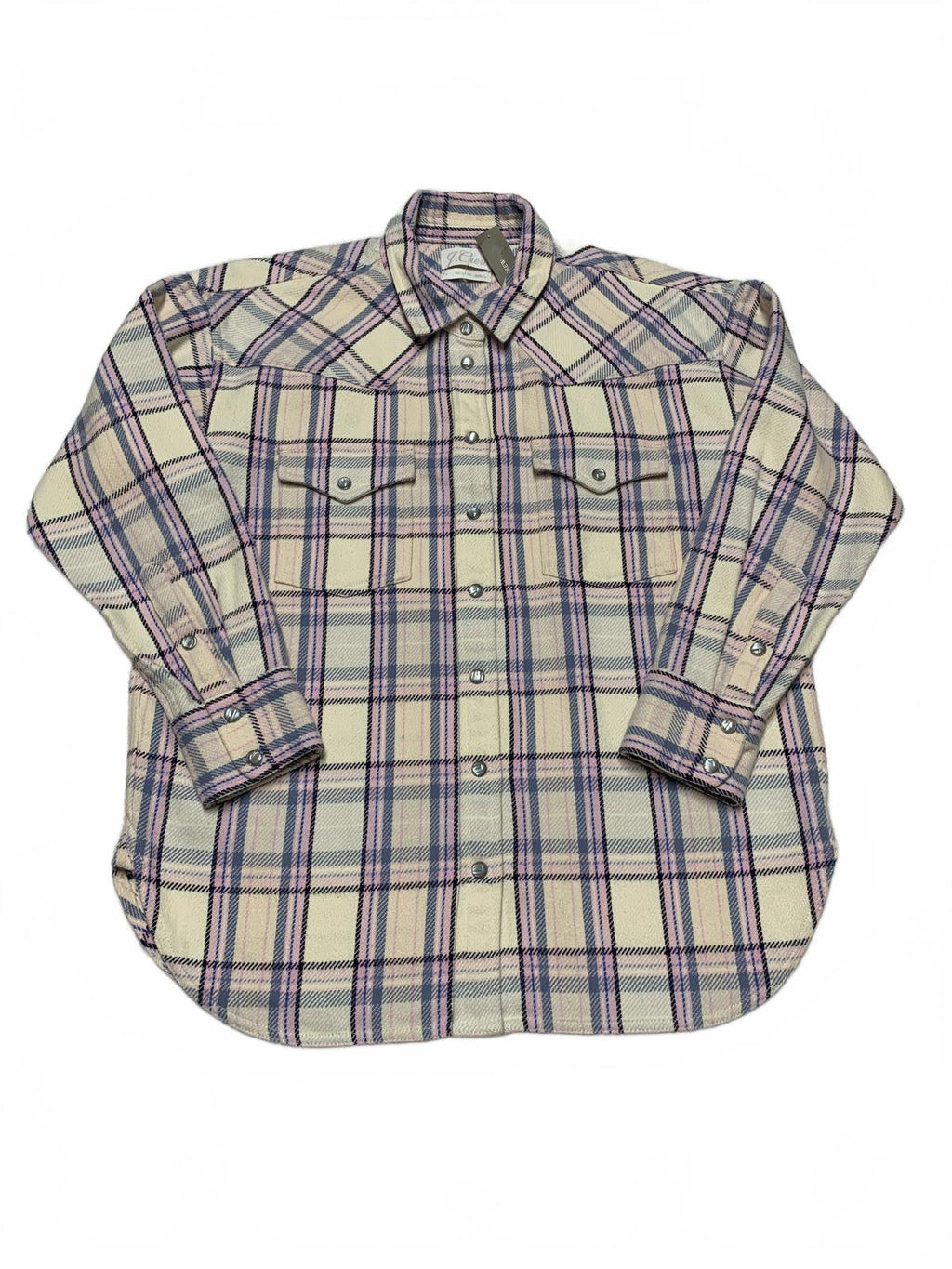 J. Crew Women's Flannel Shirt Sz 4 Lavender Plaid Pastel Pearl Snap Cotton