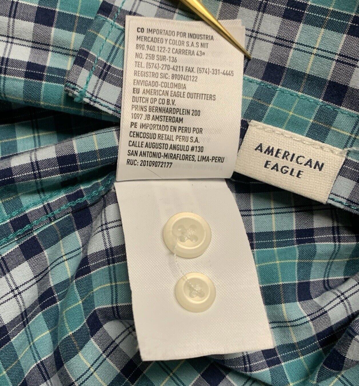 American Eagle Women’s Size Large Teal Blue Button up Shirt Plaid Long Sleeve