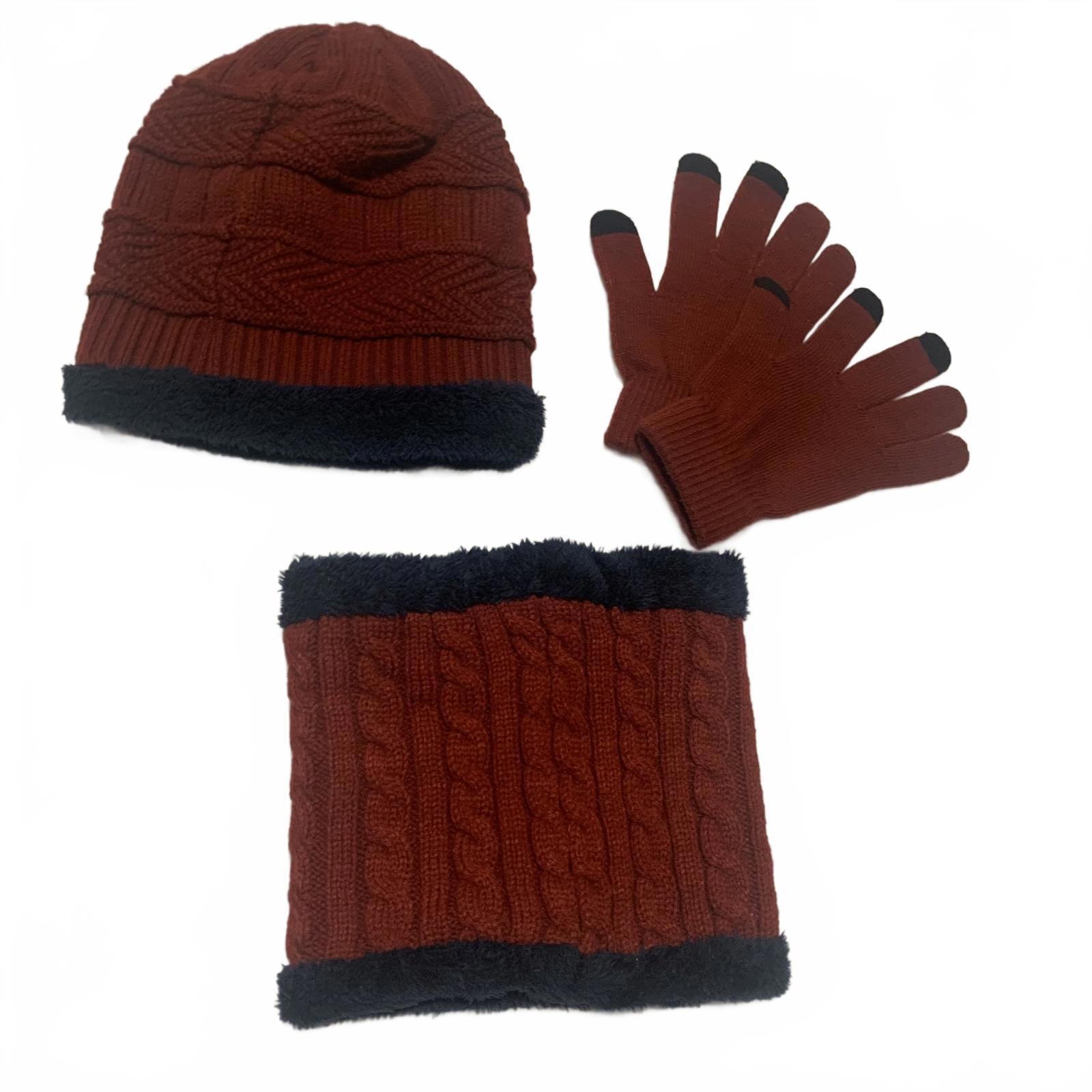 All-match Winter Knit Hat Scarf Gloves Set Burgundy Navy Faux Fur Lining OSFA