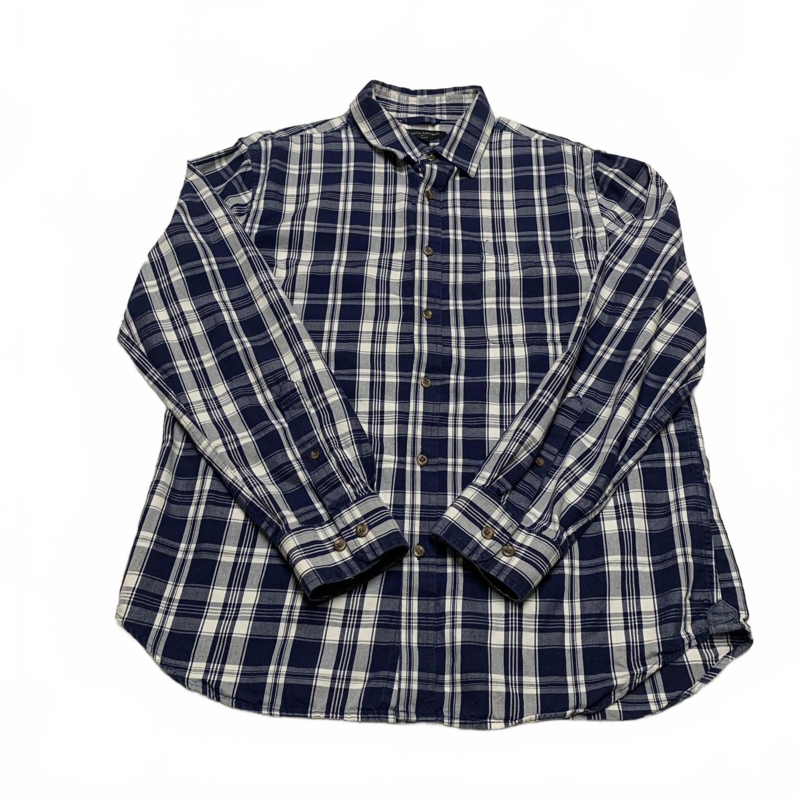 Banana Republic Men’s Size Large Navy Plaid Button-Up Shirt Slim Fit