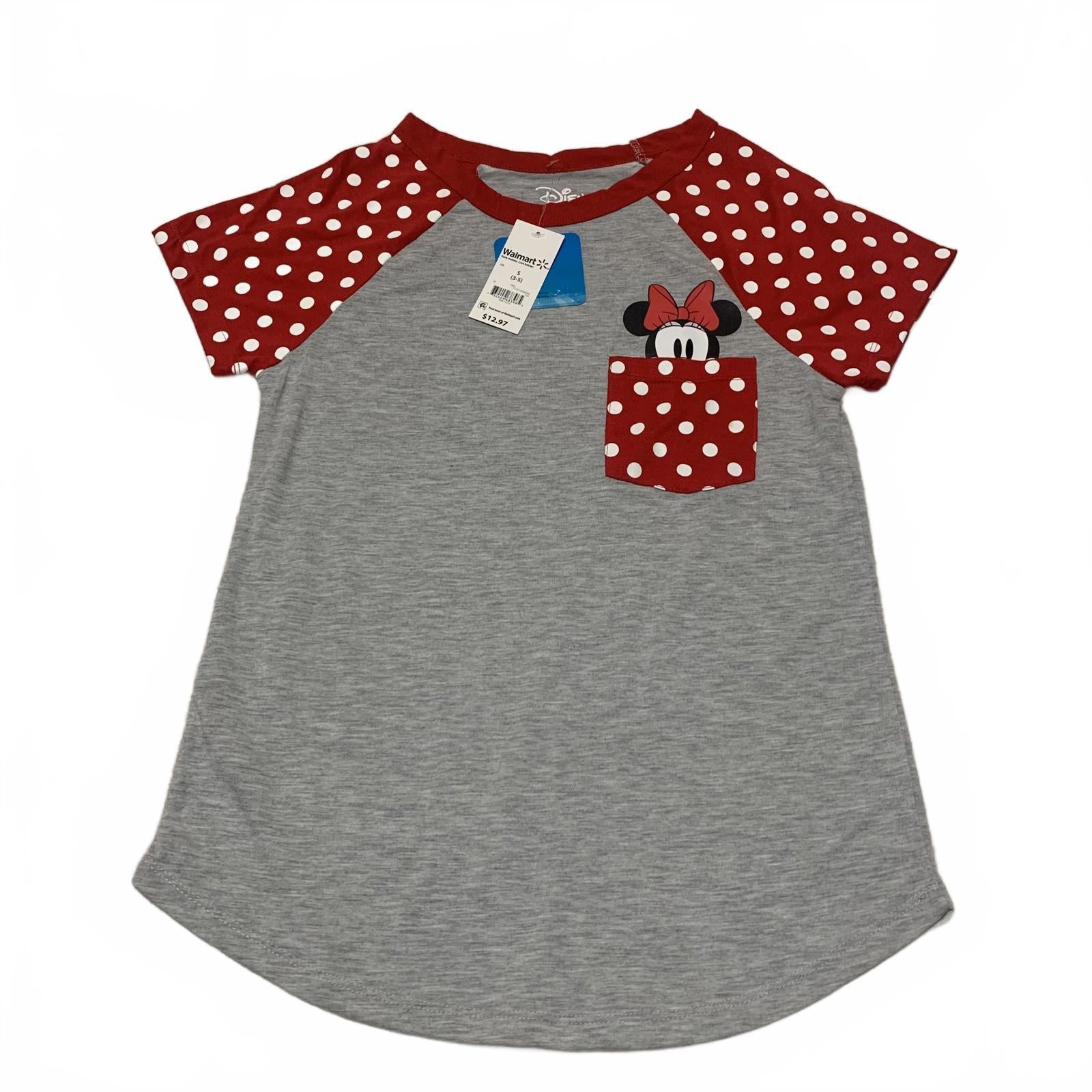 Disney Minnie Mouse Girls' Size Small 3-5 Red Grey T Shirt Polka Dot Sleeves
