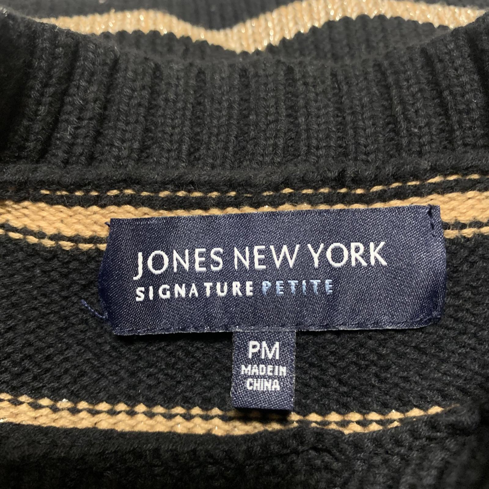 Jones New York Women's Size Petite M Black Beige Striped Sweater Cuffed Sleeve
