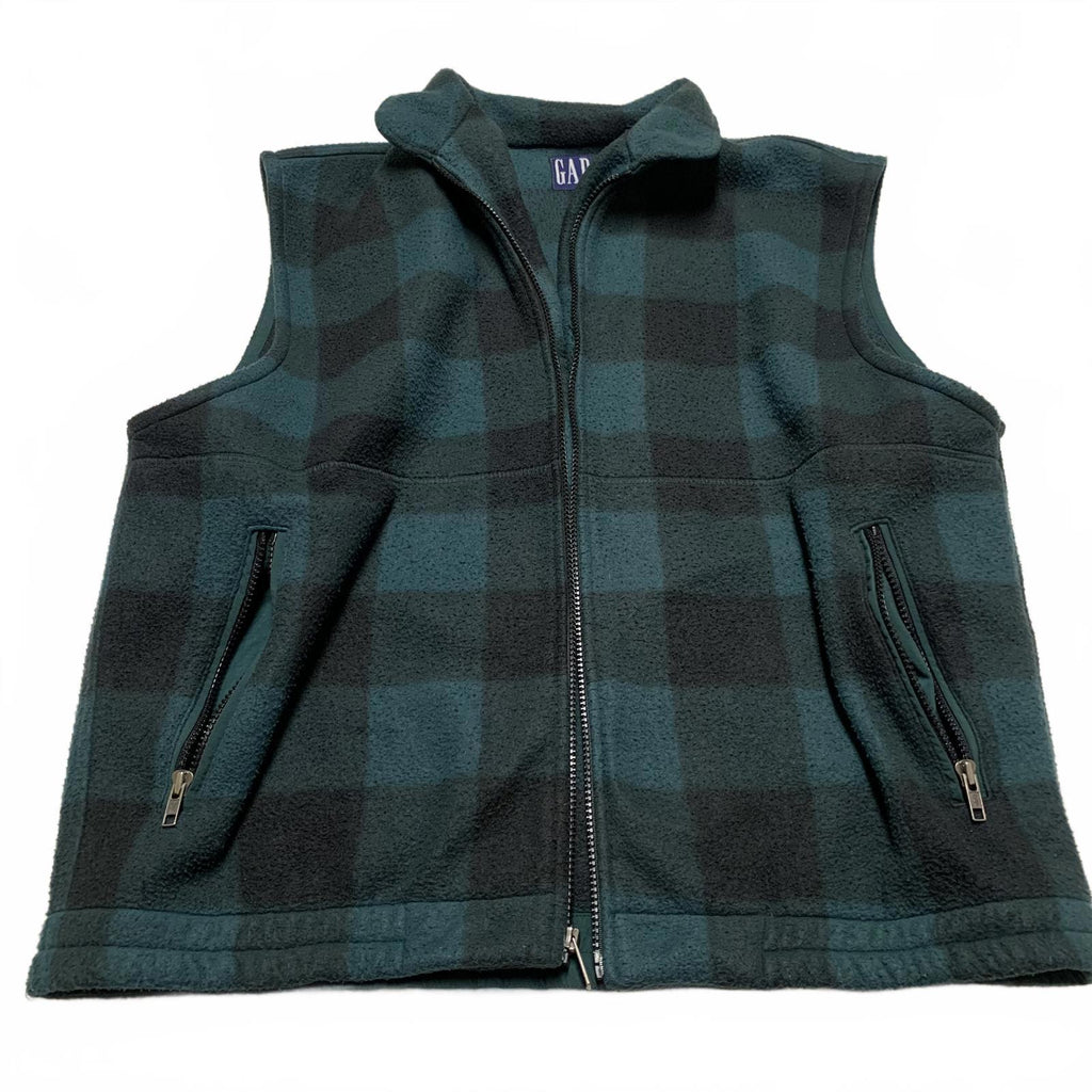 GAP Men's Size Large Buffalo Plaid Green Black Checkered Fleece Vest