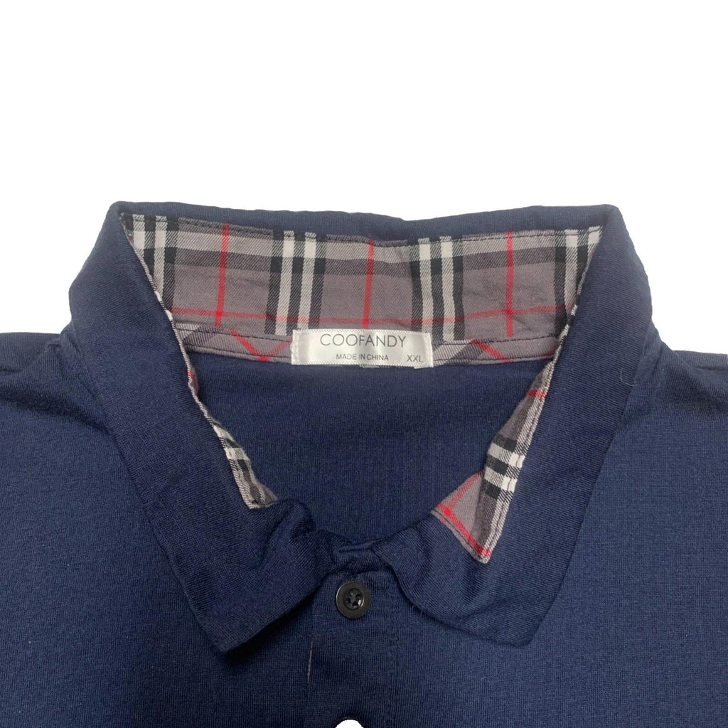Coofandy  Men's  XXL Navy Blue Long Sleeve Polo Plaid Collar Pocket