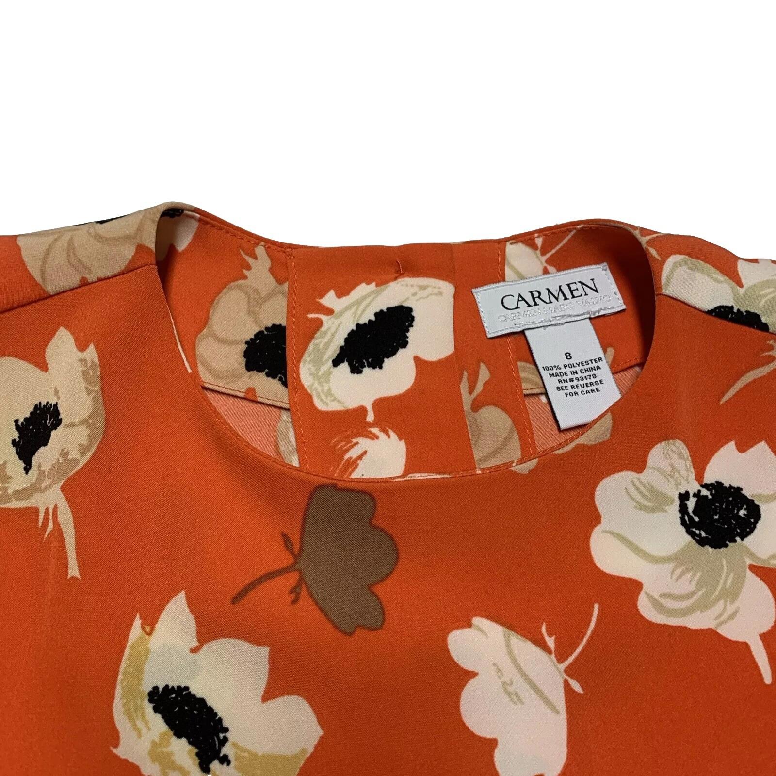 Carmen Marc Valvo Women’s Size 8 Orange Floral Print Bell Sleeve Top