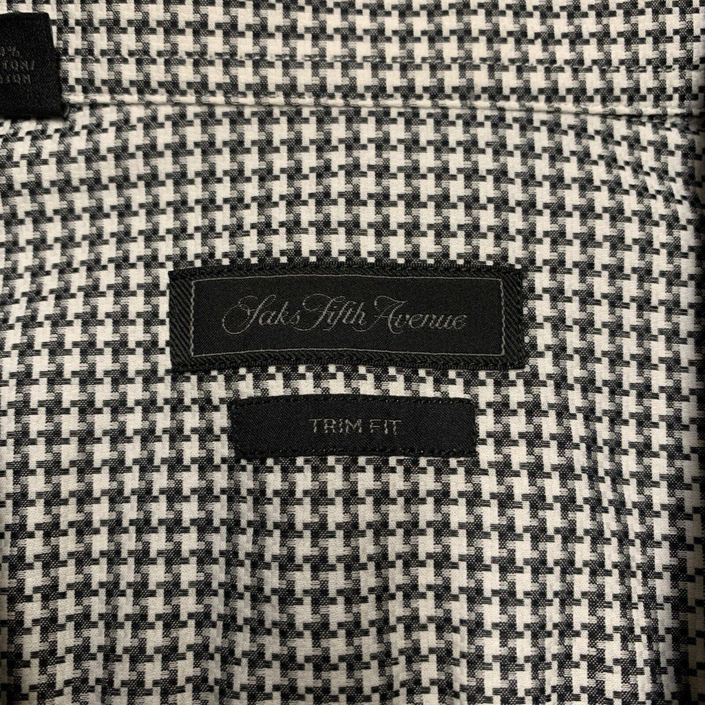 Saks Fifth Avenue Men Shirt 16 1/2 Gray Houndstooth Print Long Sleeve Button Up