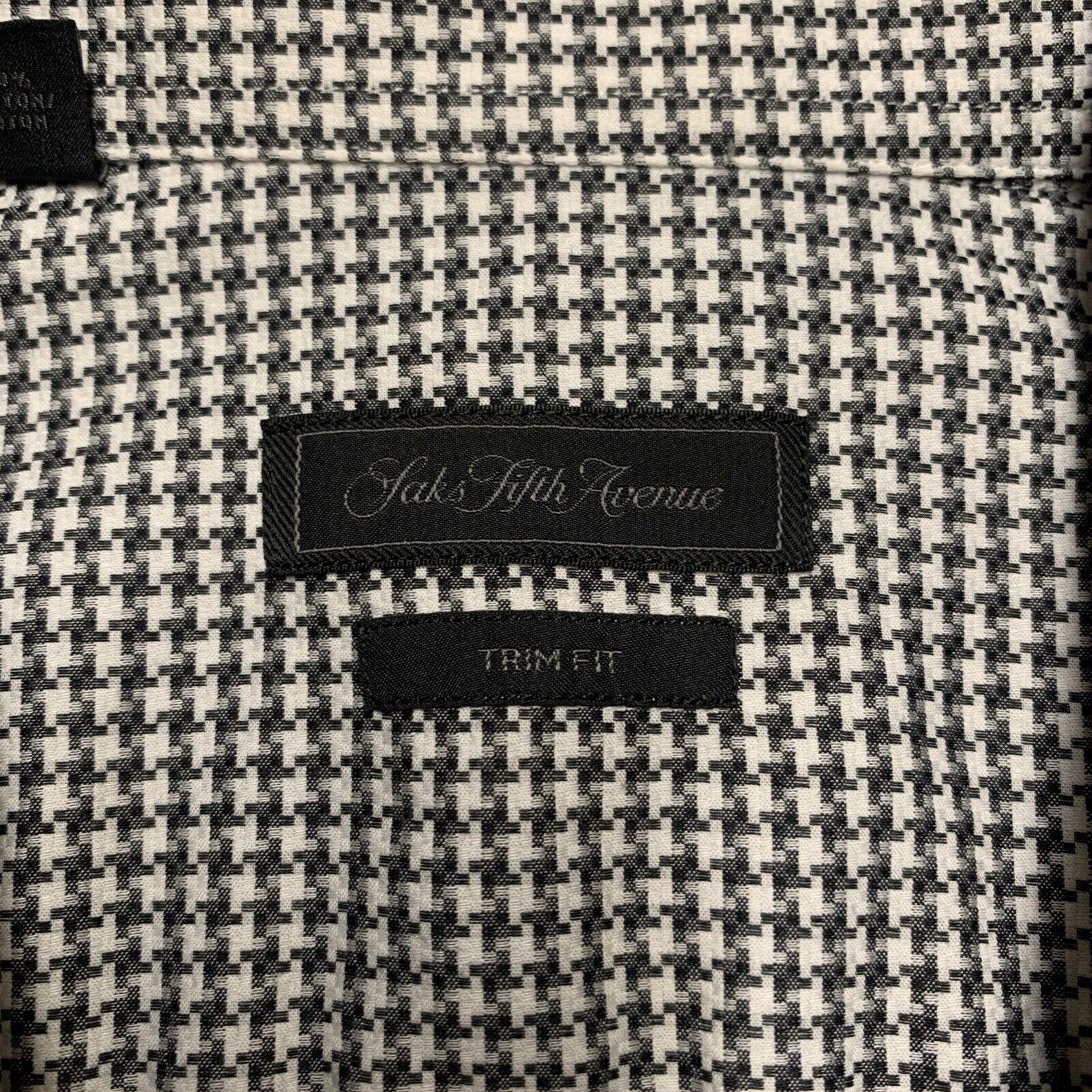 Saks Fifth Avenue Men Shirt 16 1/2 Gray Houndstooth Print Long Sleeve Button Up