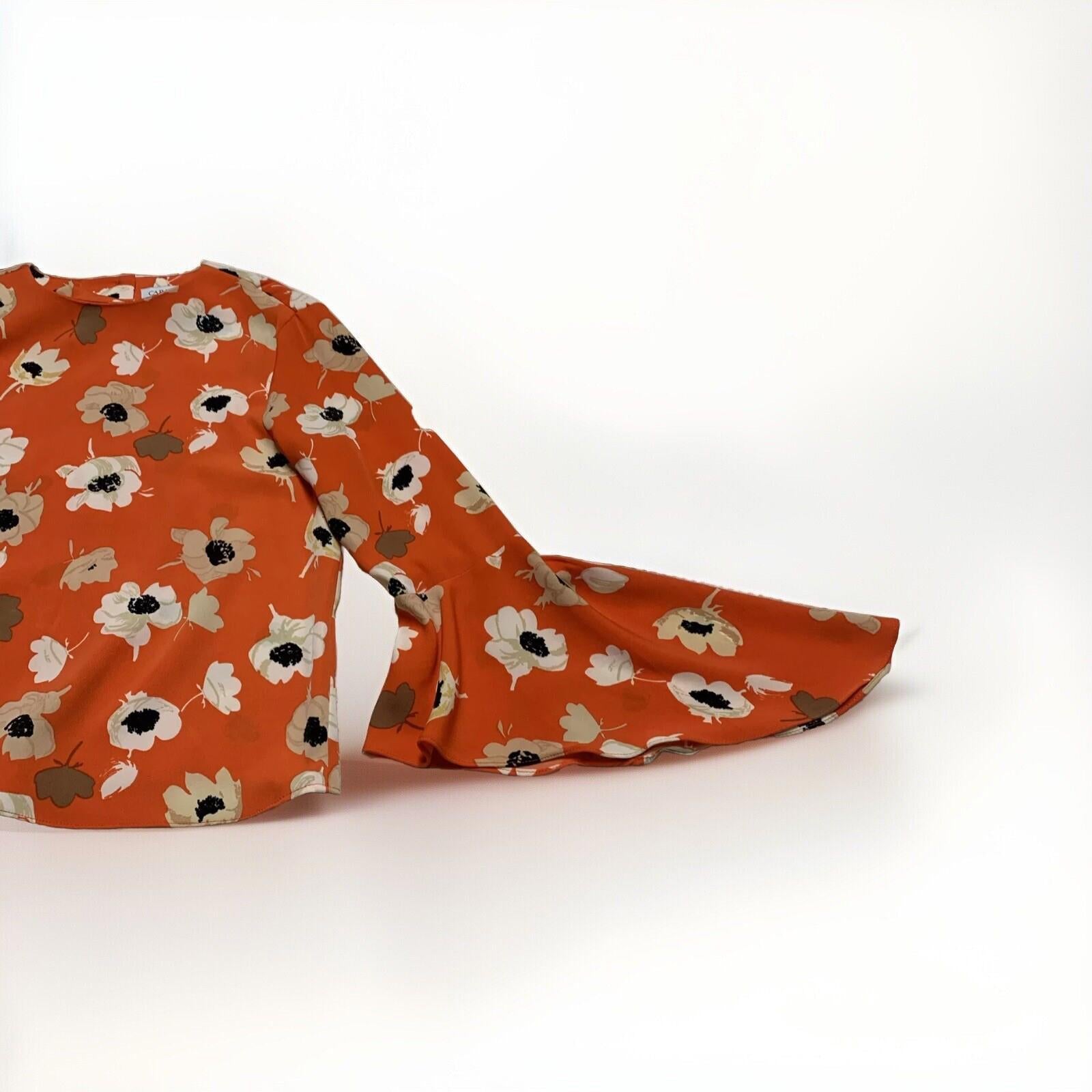 Carmen Marc Valvo Women’s Size 8 Orange Floral Print Bell Sleeve Top