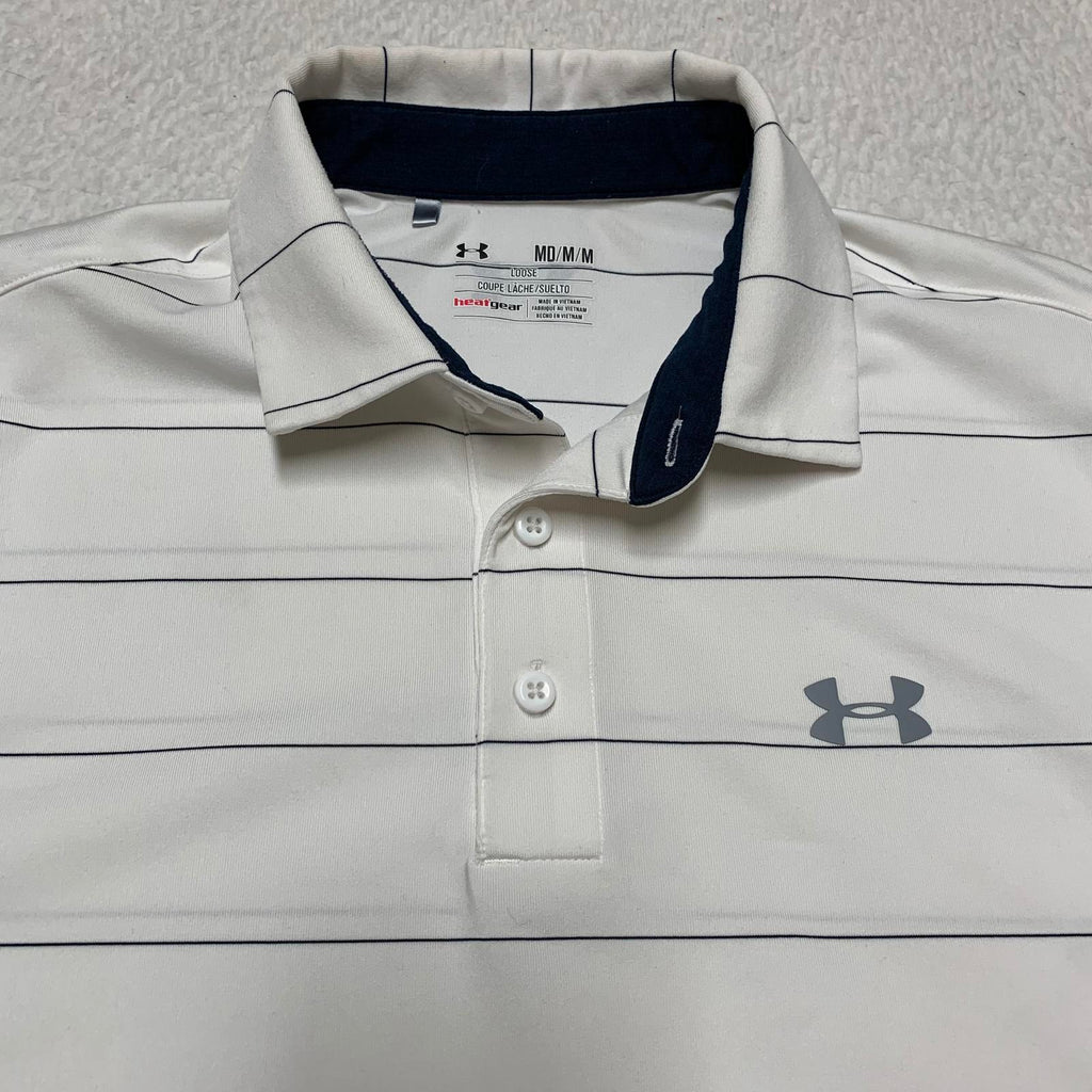 Under Armour Men's Size Medium White Black Striped Heat Gear Polo Shirt