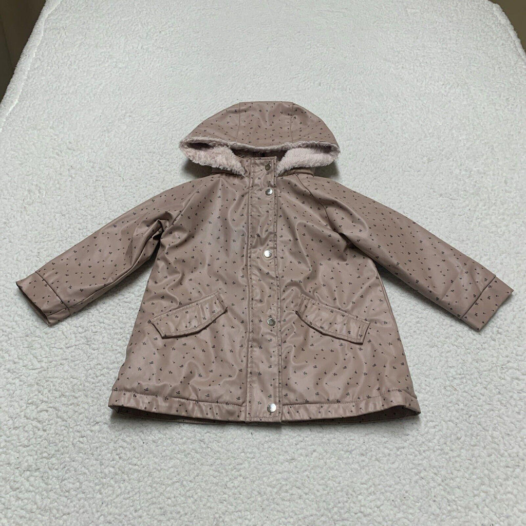 Zara Baby Girl Size 3-4 Years Pink Floral Print Fleece Lined Raincoat HoodJacket