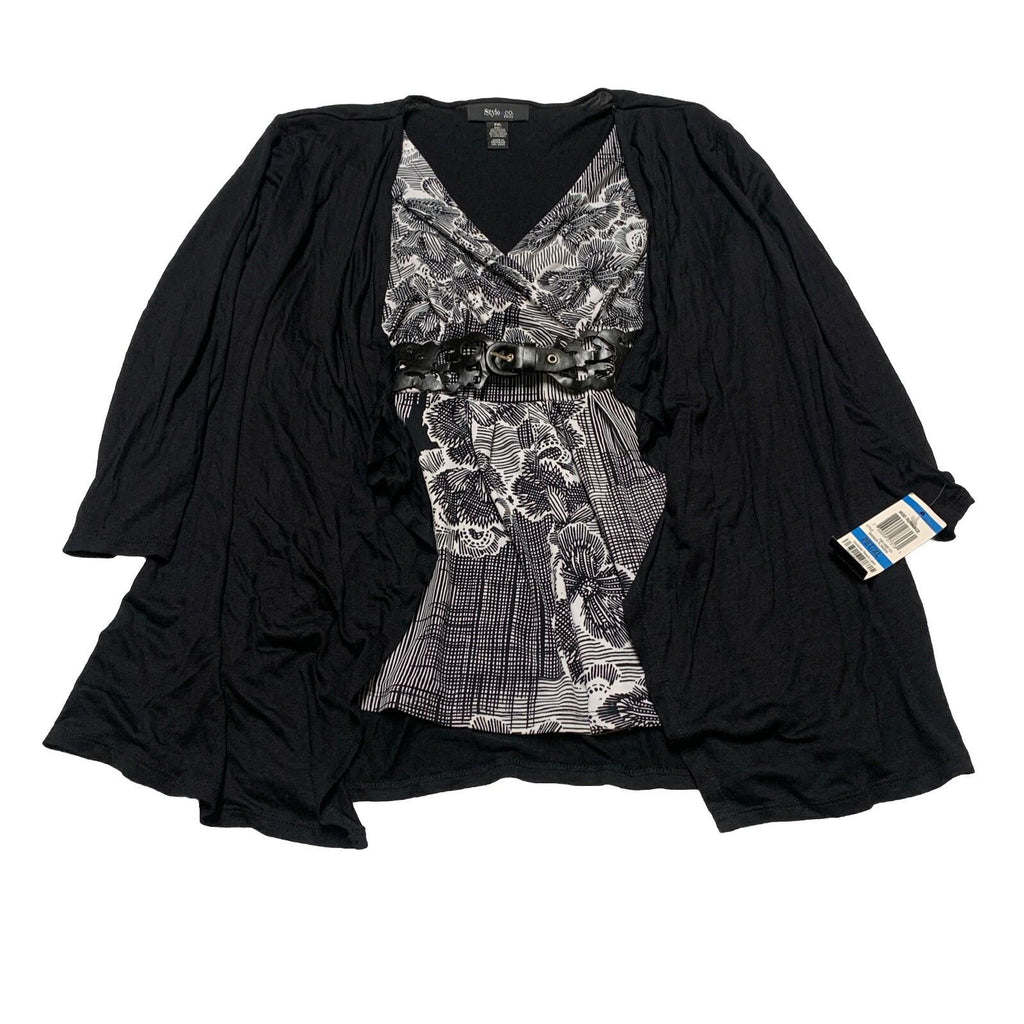 Style & Co Women’s PXL Black White Layered Tunic Top Belt Boho Festive