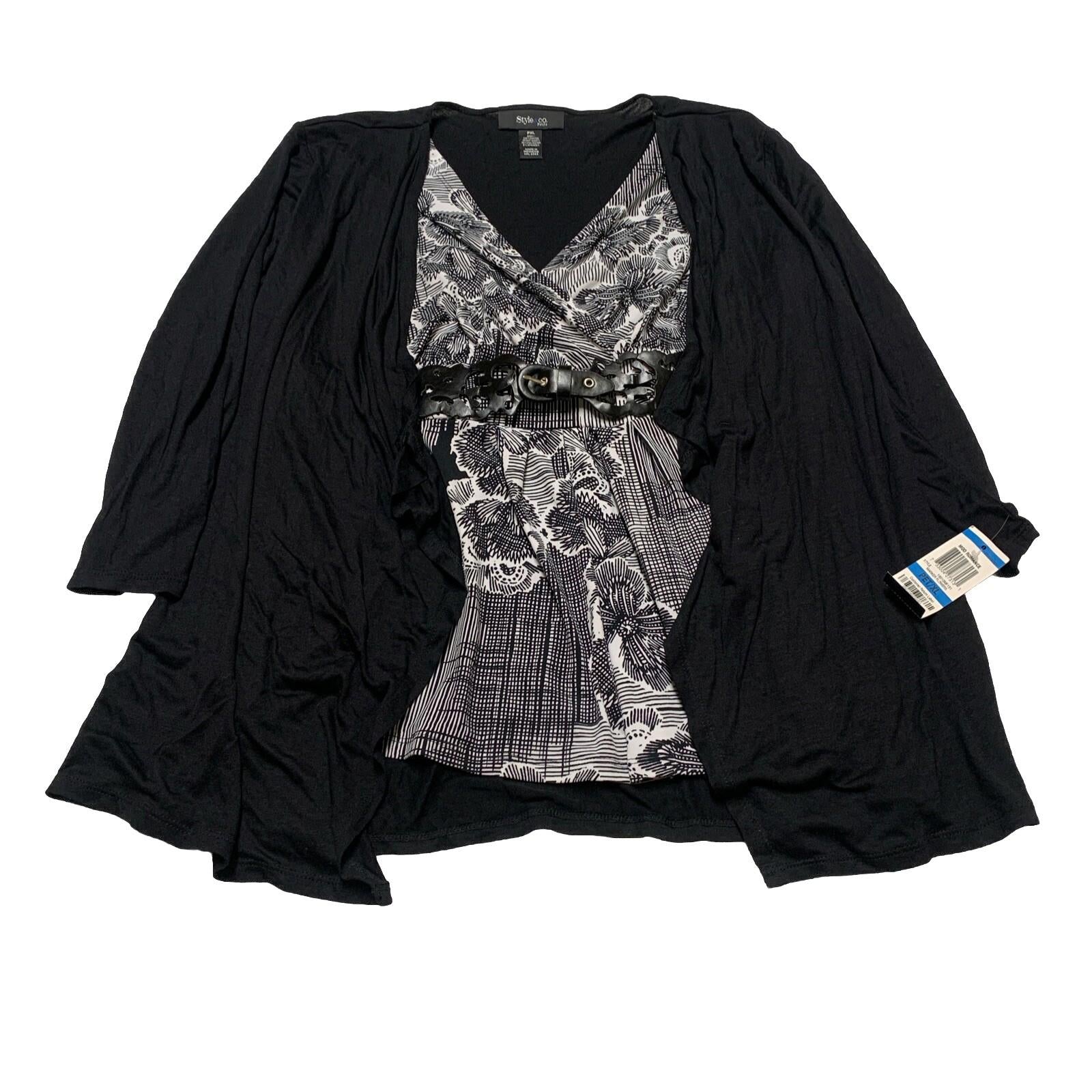 Style & Co Women’s PXL Black White Layered Tunic Top Belt Boho Festive