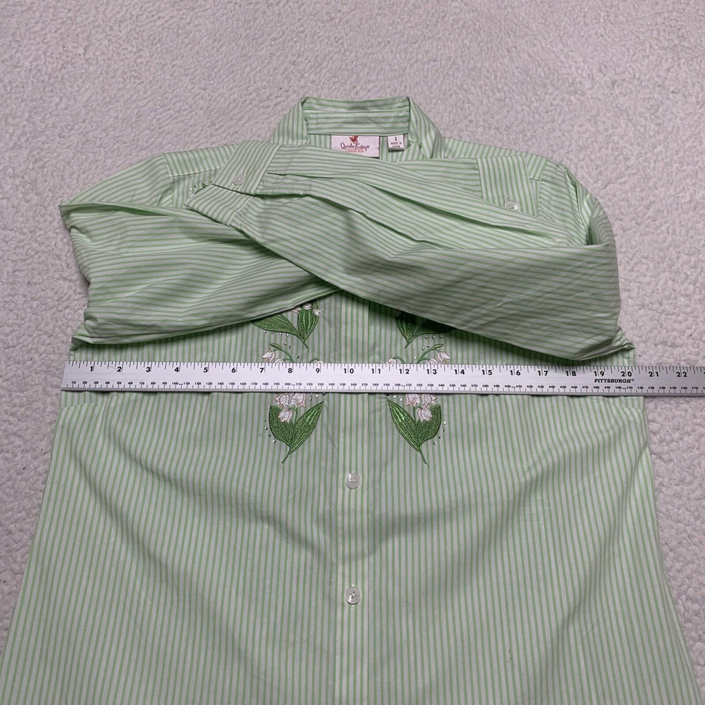 Quacker Factory Women's Size S Floral Embroidered Green Striped Button Shirt