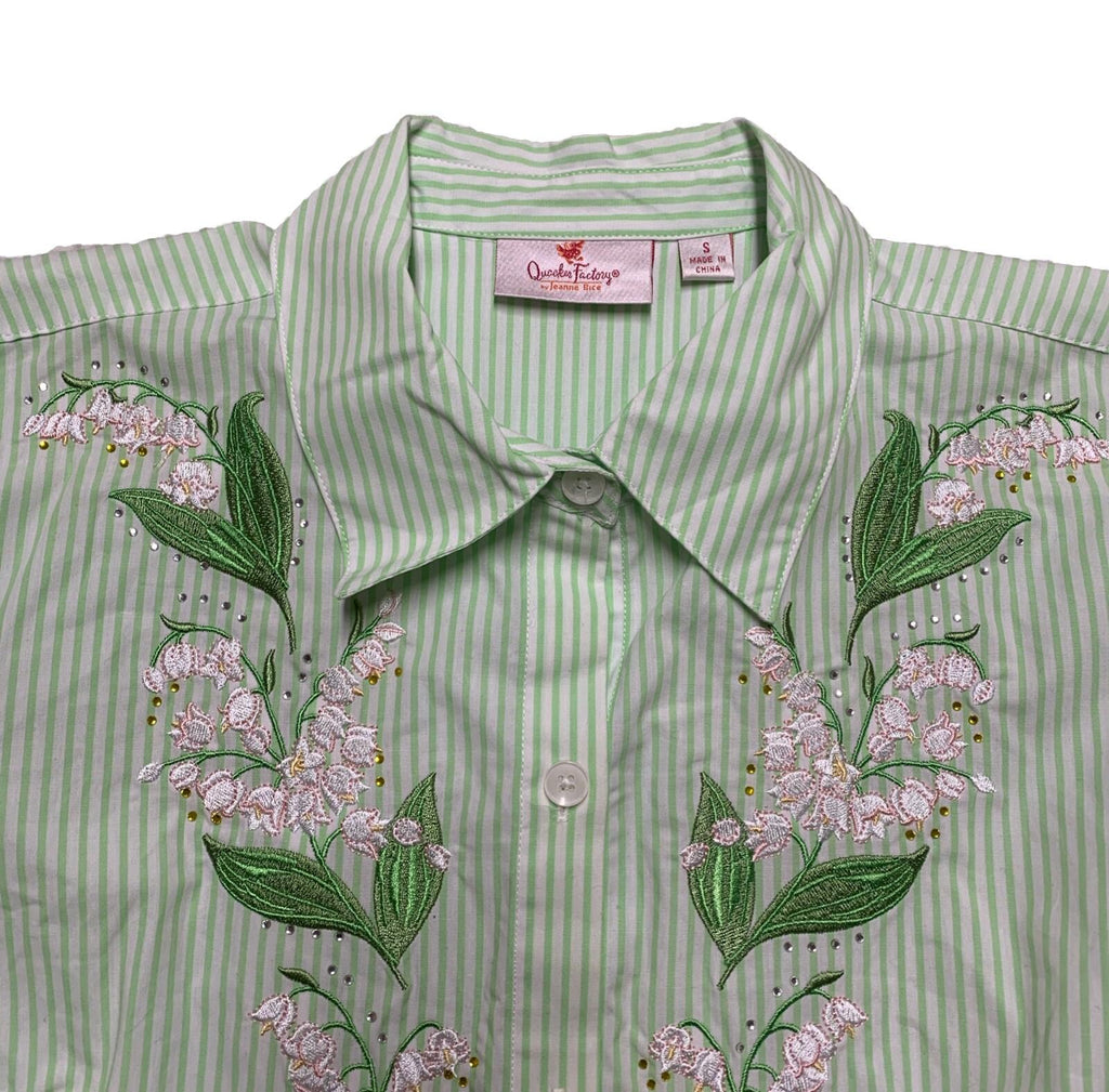 Quacker Factory Women's Size S Floral Embroidered Green Striped Button Shirt
