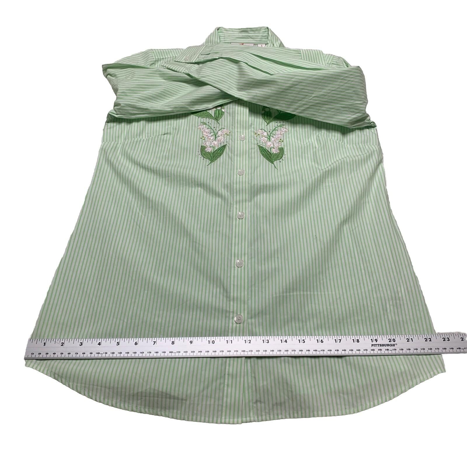 Quacker Factory Women's Size S Floral Embroidered Green Striped Button Shirt