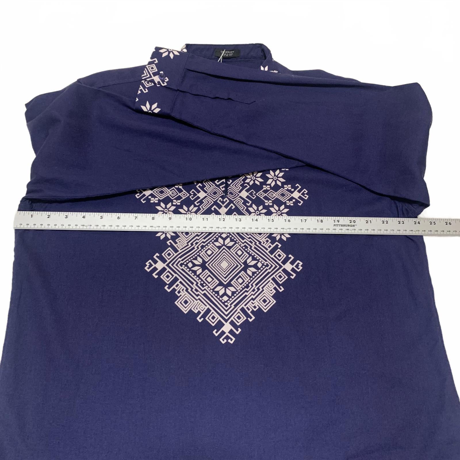 Coofandy Men's Size XL Blue Long Sleeve Embroidered tunic Collar Shirt Cotton