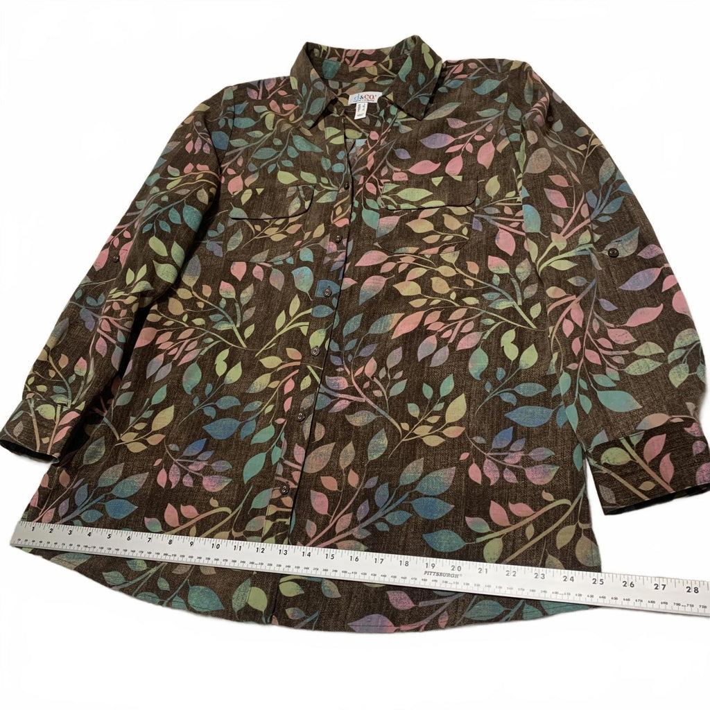 Denim & Company d&co Women's Size L Multicolor Leaf Print Shirt  Boho Fall Style