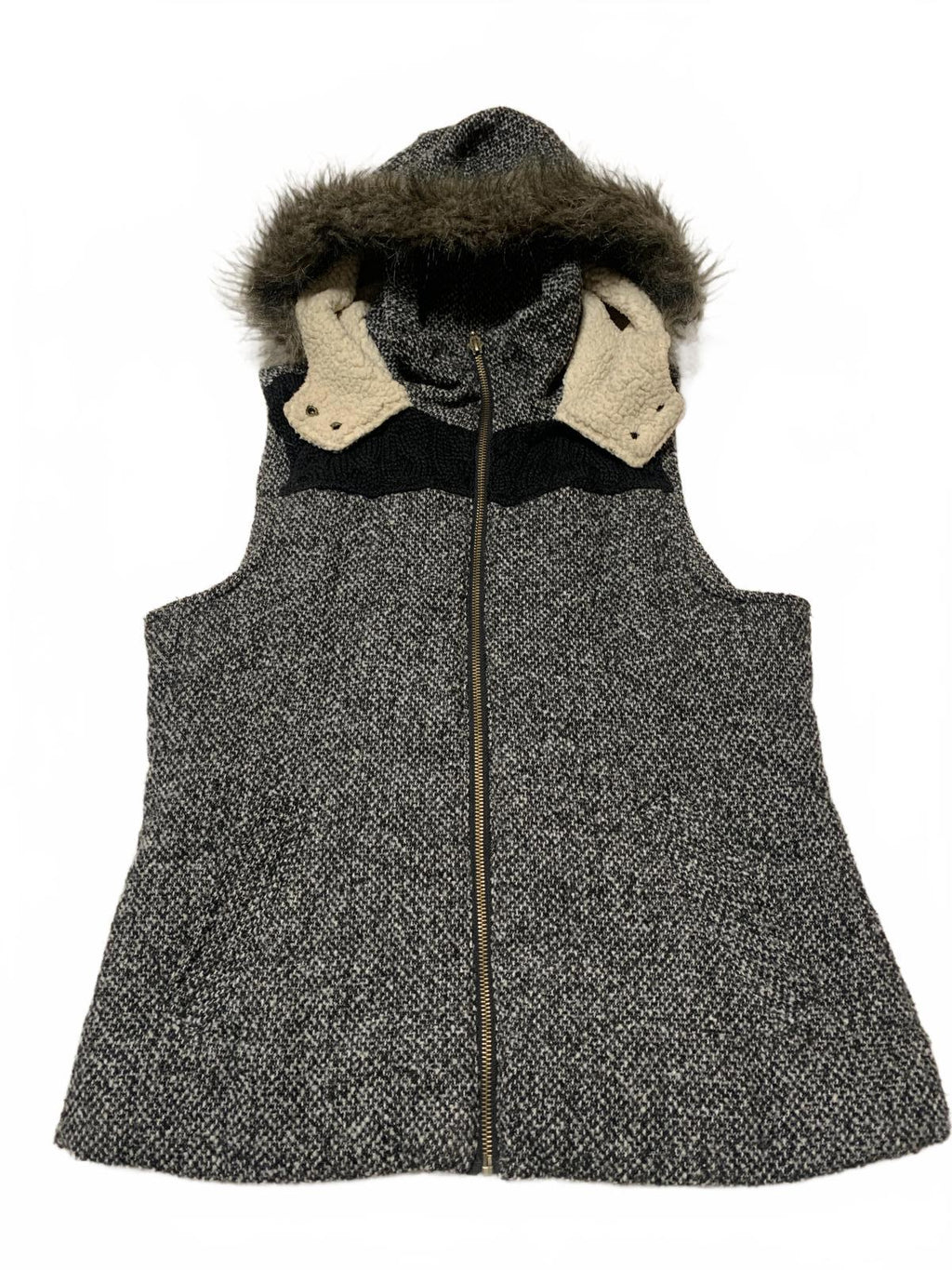 Y2K Faux Fur Vest  Supply Co. Women's Size L Specked Black Hooded Zip Up