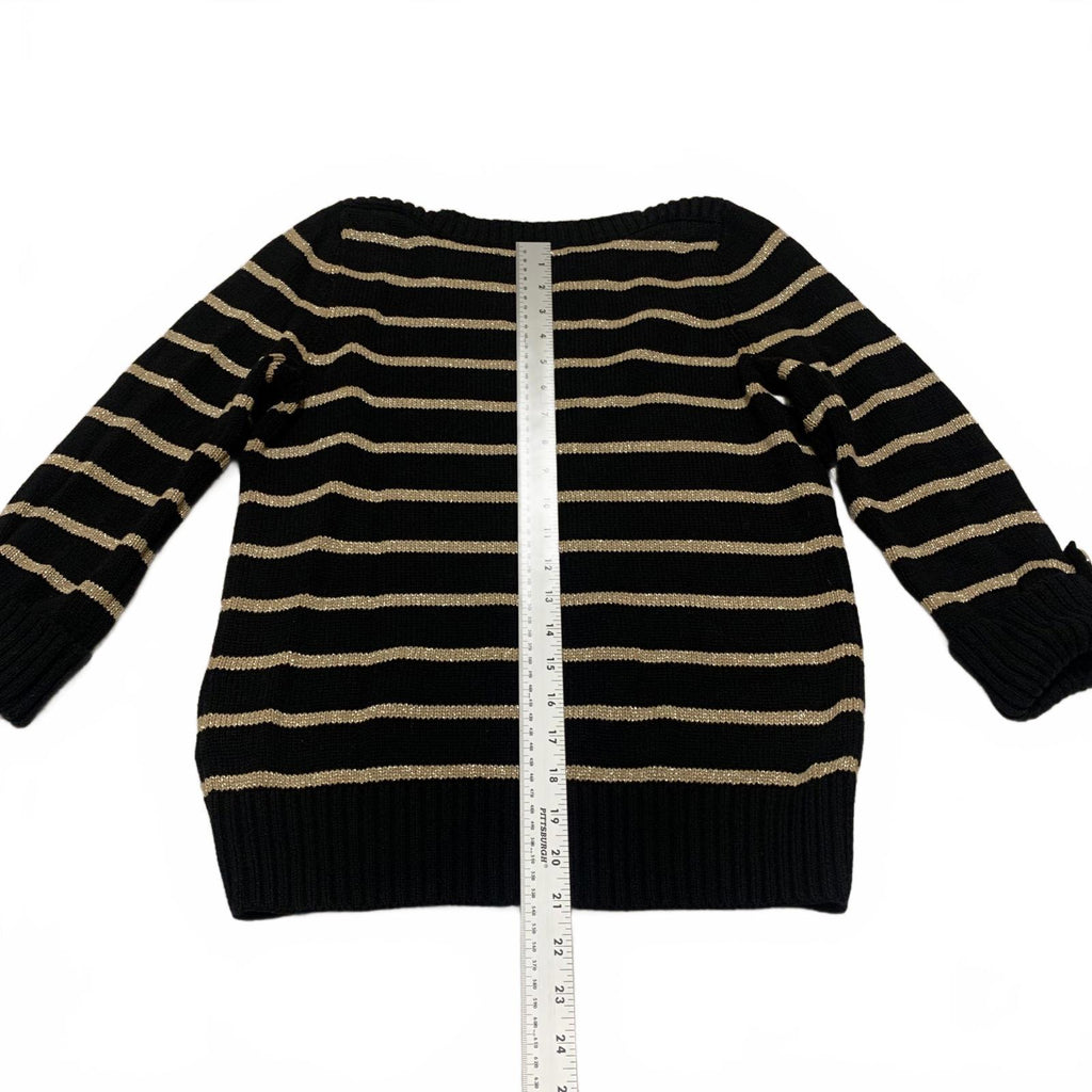 Jones New York Women's Size Petite M Black Beige Striped Sweater Cuffed Sleeve