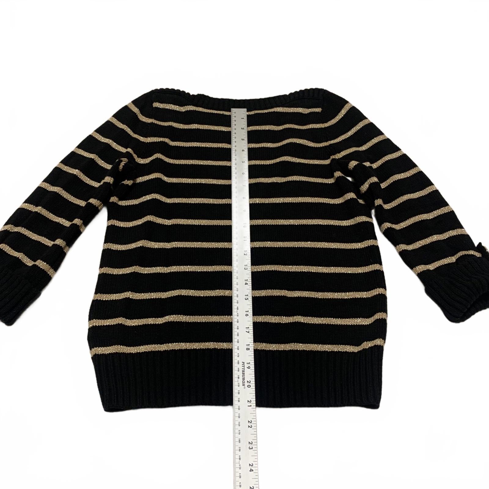 Jones New York Women's Size Petite M Black Beige Striped Sweater Cuffed Sleeve
