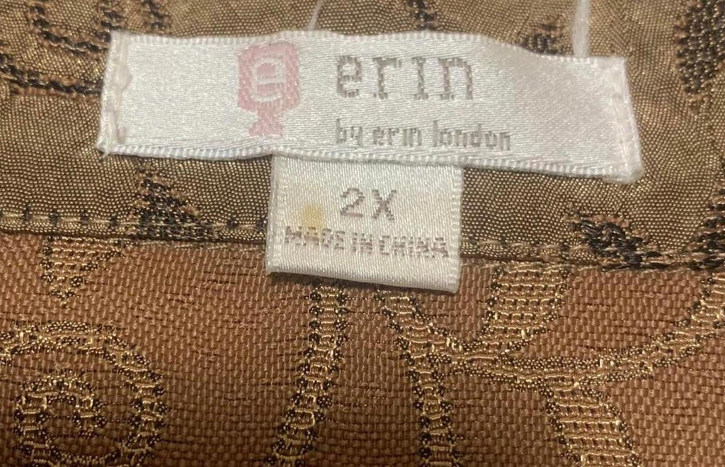 Erin By Erin London Women's 2X Metallic Floral Jacquard Blouse Brown 3/4 Sleeve