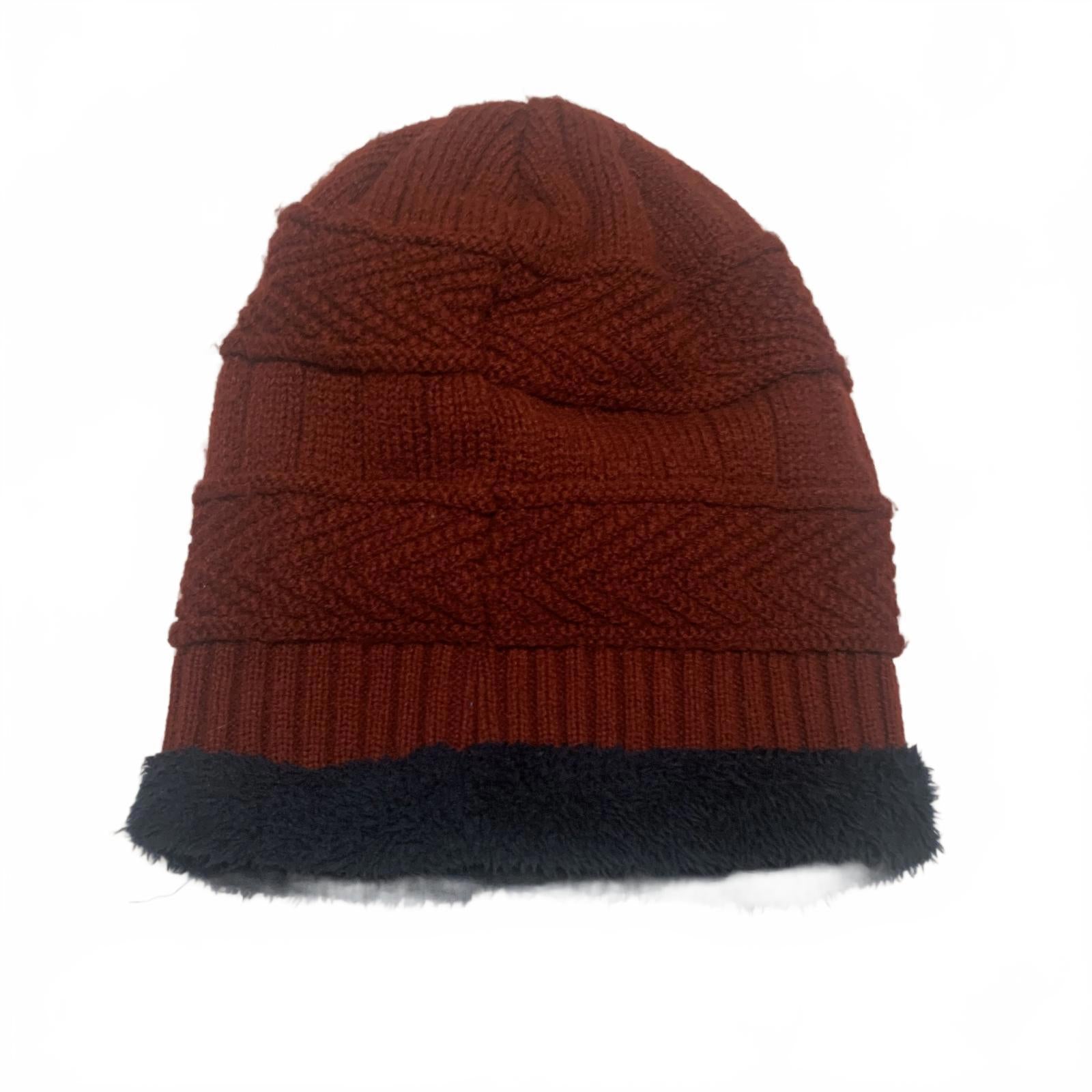 All-match Winter Knit Hat Scarf Gloves Set Burgundy Navy Faux Fur Lining OSFA