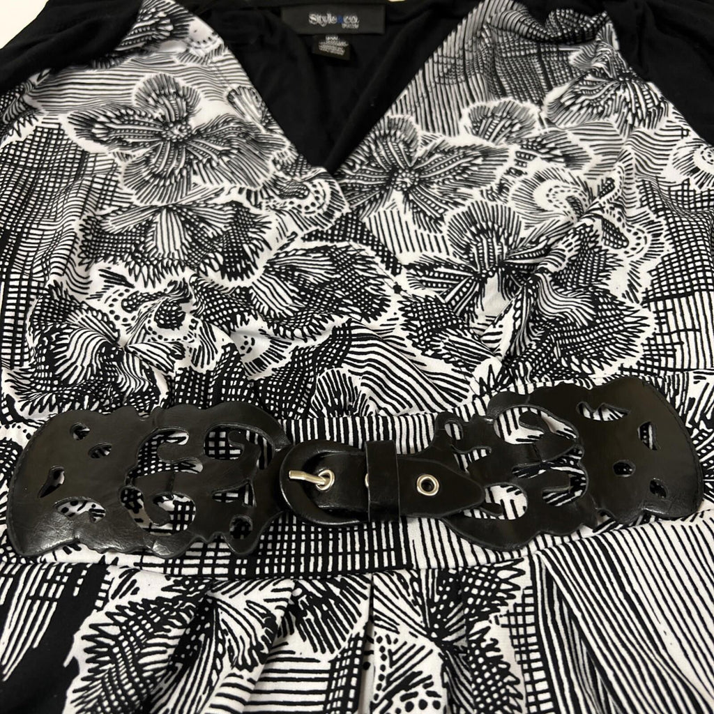 Style & Co Women’s PXL Black White Layered Tunic Top Belt Boho Festive
