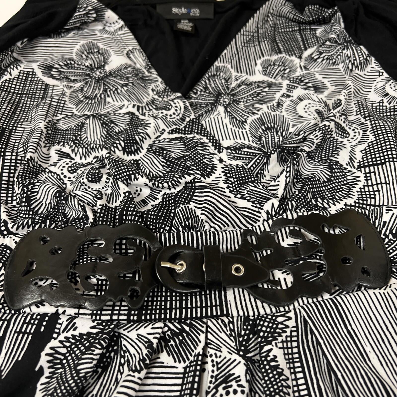 Style & Co Women’s PXL Black White Layered Tunic Top Belt Boho Festive