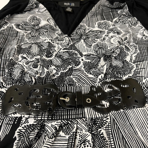 Style & Co Women’s PXL Black White Layered Tunic Top Belt Boho Festive