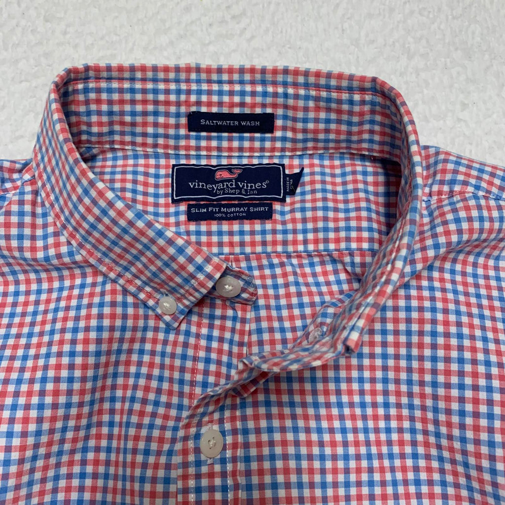 Vineyard Vines Men’s Large Red Blue Check Slim Fit Murray Button Shirt