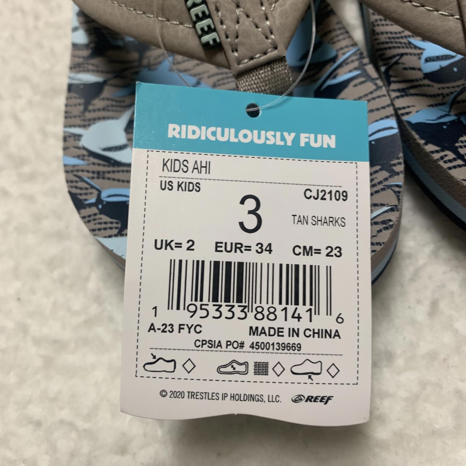 Reef Kids Ahi Sz 3 Tan Sharks Flip Flops Fun & Stylish Sandals
