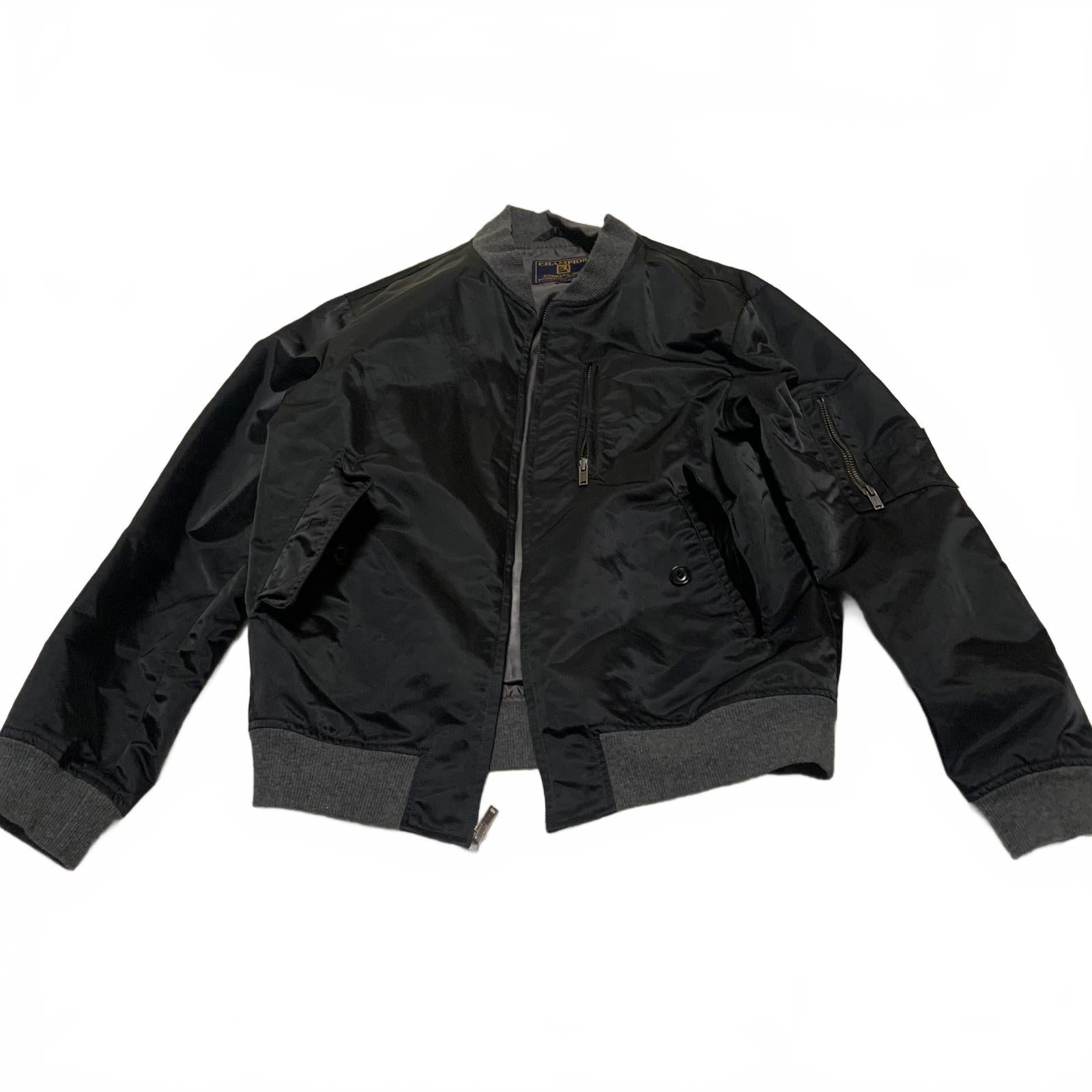 Vintage 90s Champion Co. Men's Size M Black Bomber Jacket Gray Ribbed Cuffs Hem