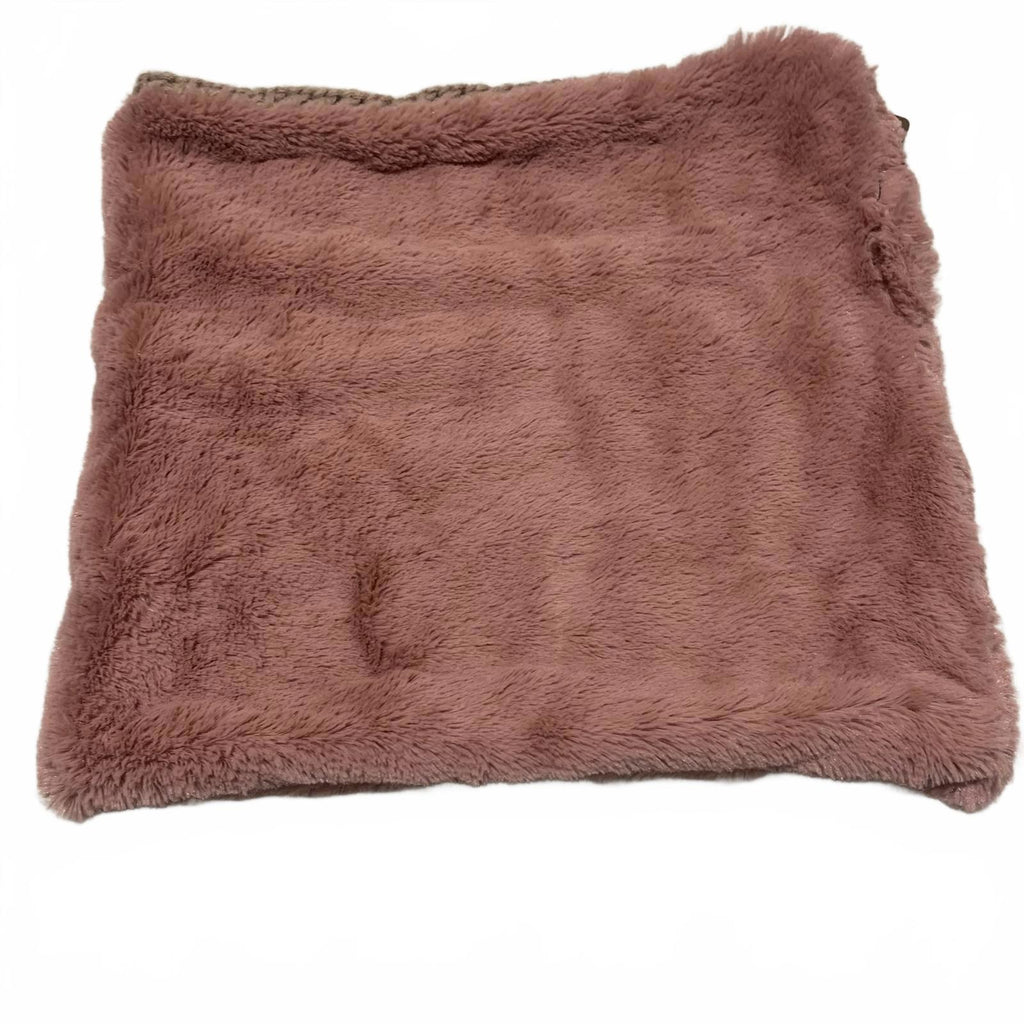 Elegant mauve faux fur knit cowl reversible, cozy and chic cold weather style.