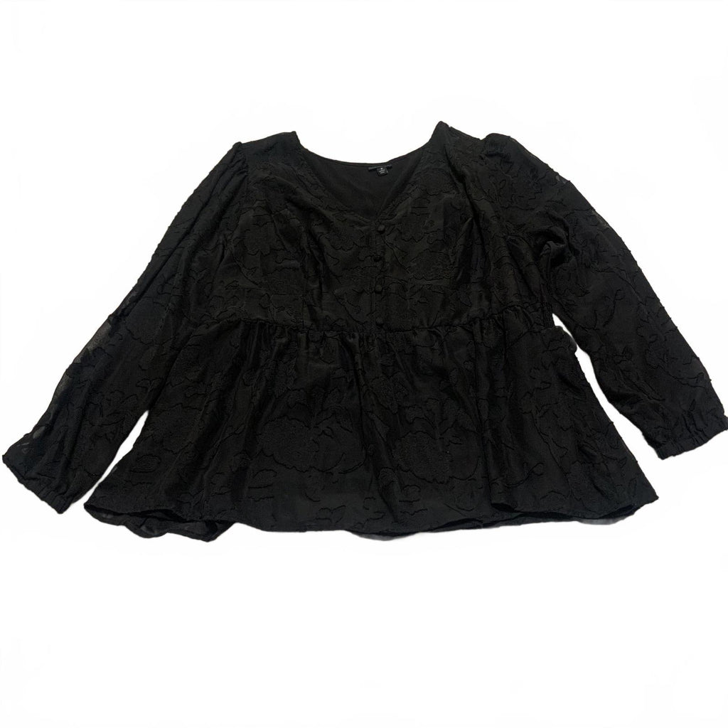 Torrid Womens Size 3 Black Long Sleeve Peplum Blouse Textured Floral Pattern