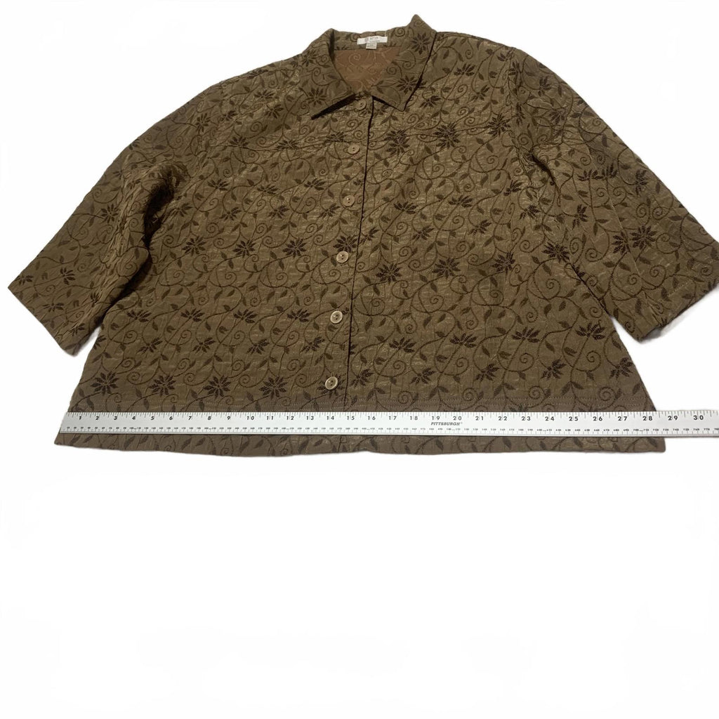 Erin By Erin London Women's 2X Metallic Floral Jacquard Blouse Brown 3/4 Sleeve