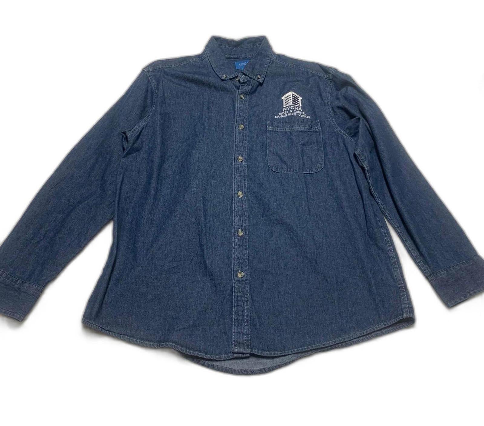 Port & Company Men's Size L Denim Blue Work Shirt NYCHA Uniform Utility Core