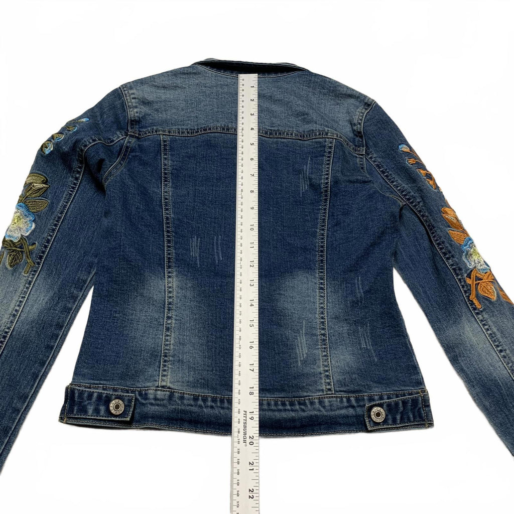 Stylish Denim Jacket with Floral Embroidery Women's Size Medium Dark Denim