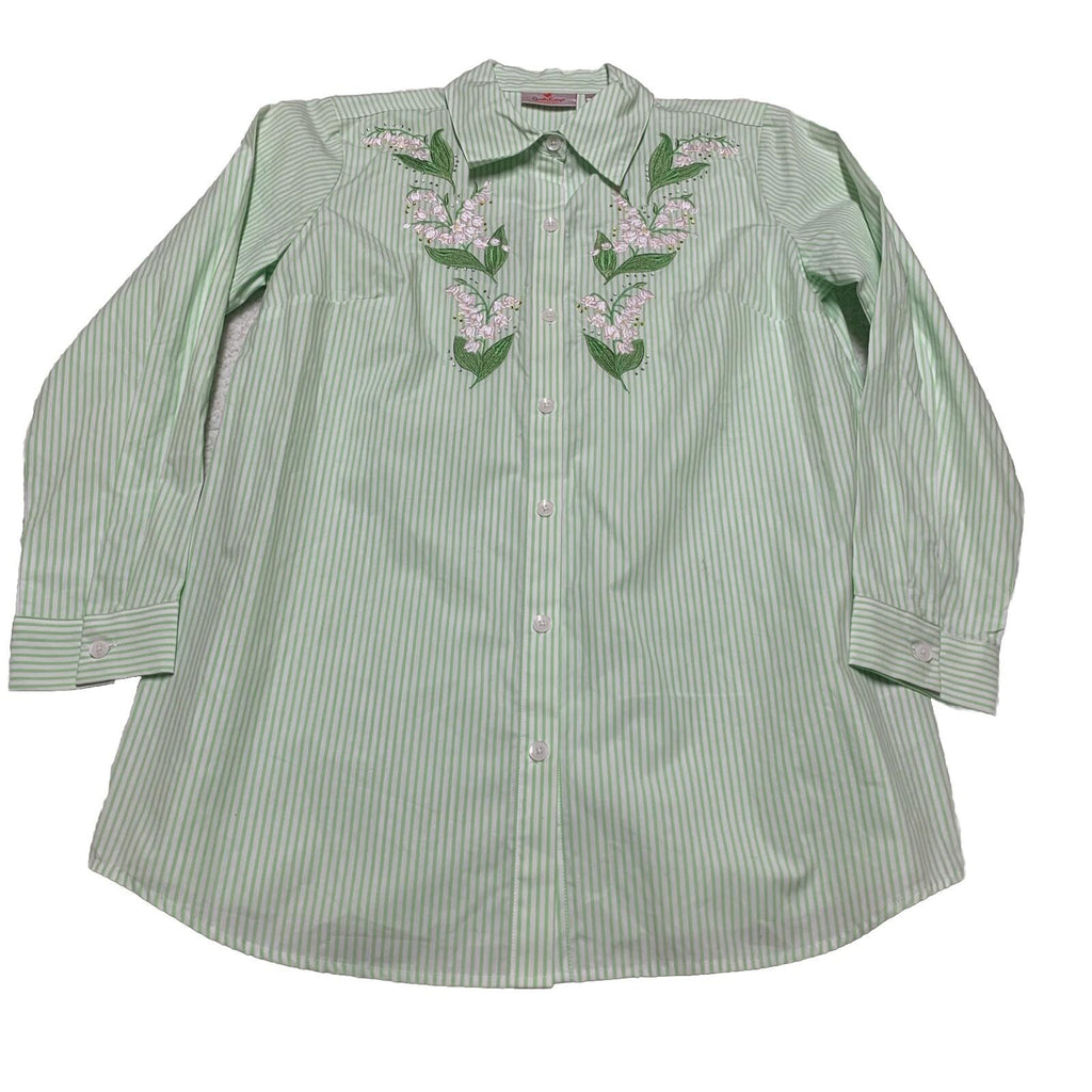 Quacker Factory Women's Size S Floral Embroidered Green Striped Button Shirt