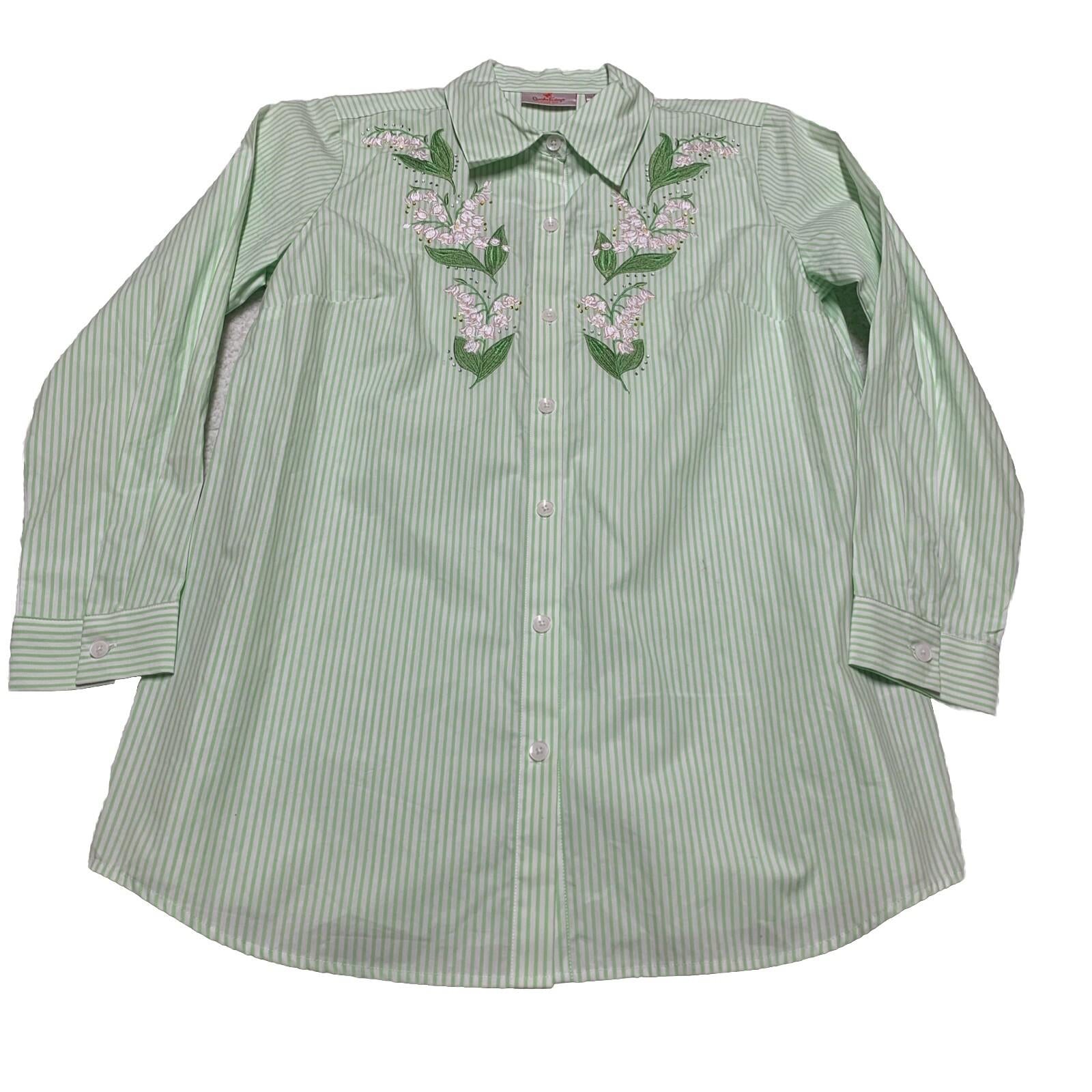 Quacker Factory Women's Size S Floral Embroidered Green Striped Button Shirt