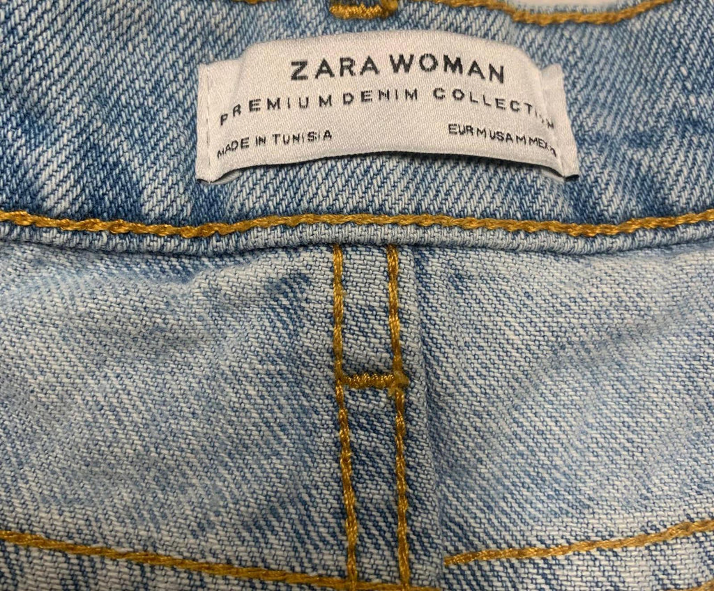 Zara Women's Size M Blue Distressed light wash Denim Skirt Pearl Bead Details