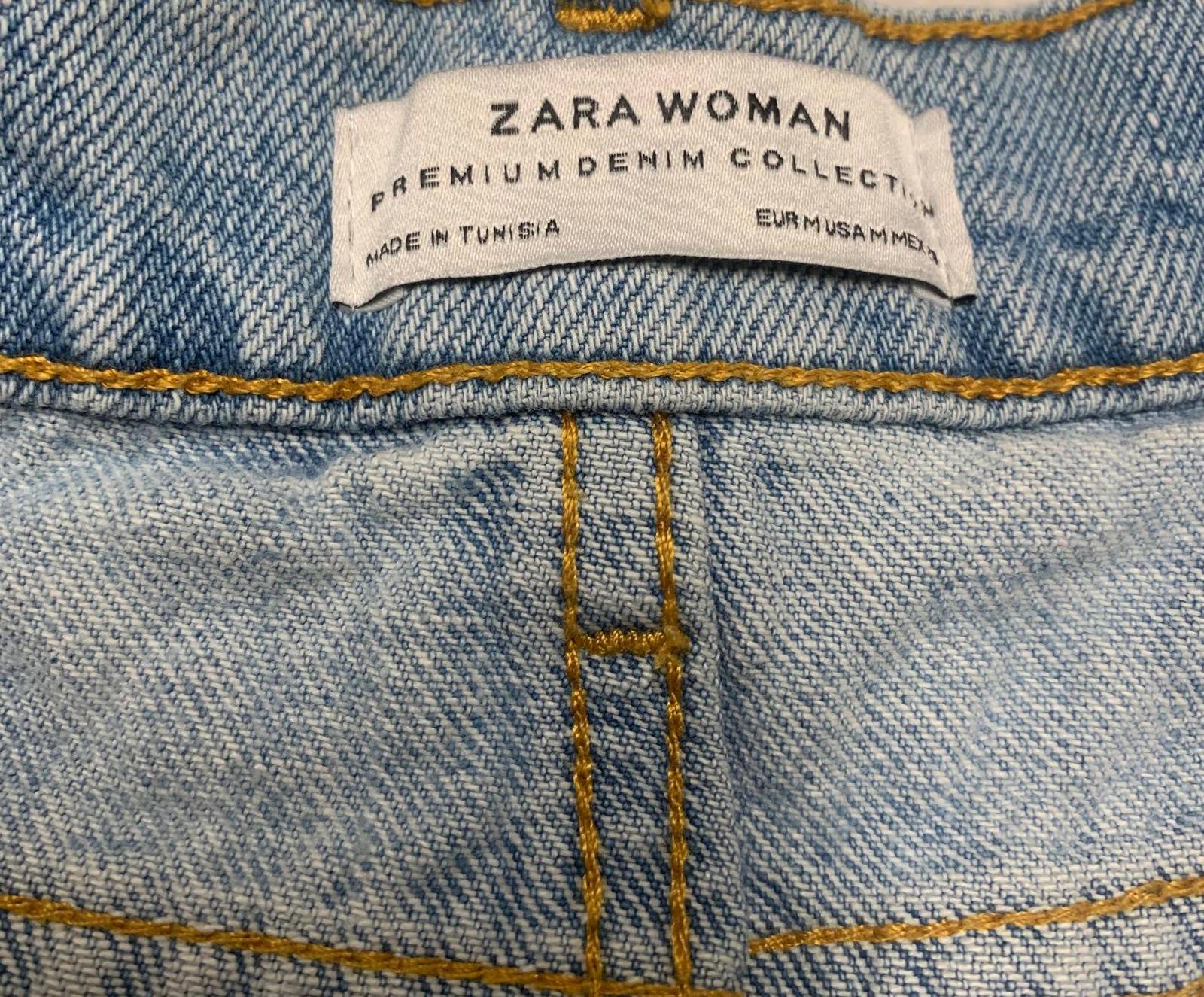 Zara Women's Size M Blue Distressed light wash Denim Skirt Pearl Bead Details