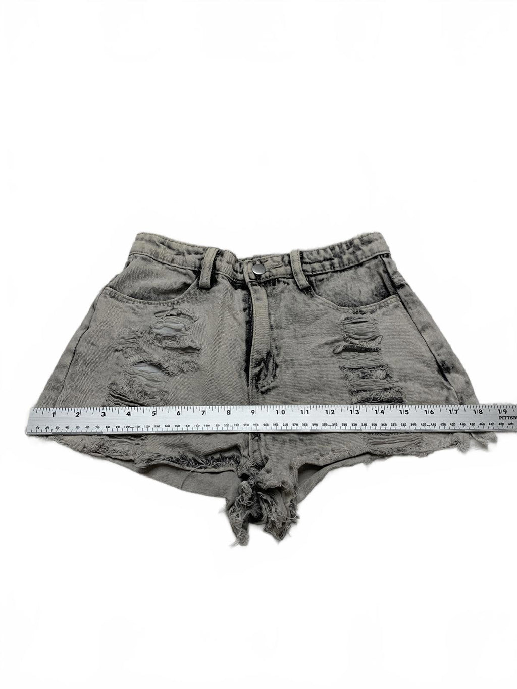 LE LIS Distressed Gray Denim Sz Small W25  Denim Shorts Mid -Rise Frayed Hem