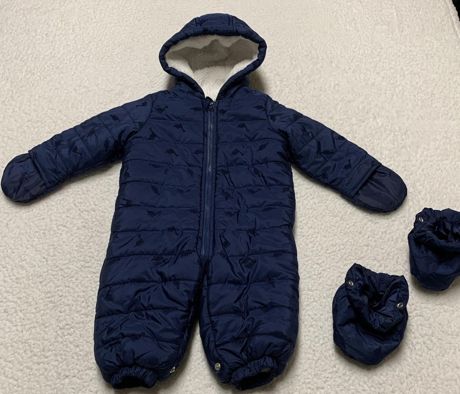 First Impressions Baby Boy Size 6-9M Navy Blue Snow Suit Coat Dinosaur Print