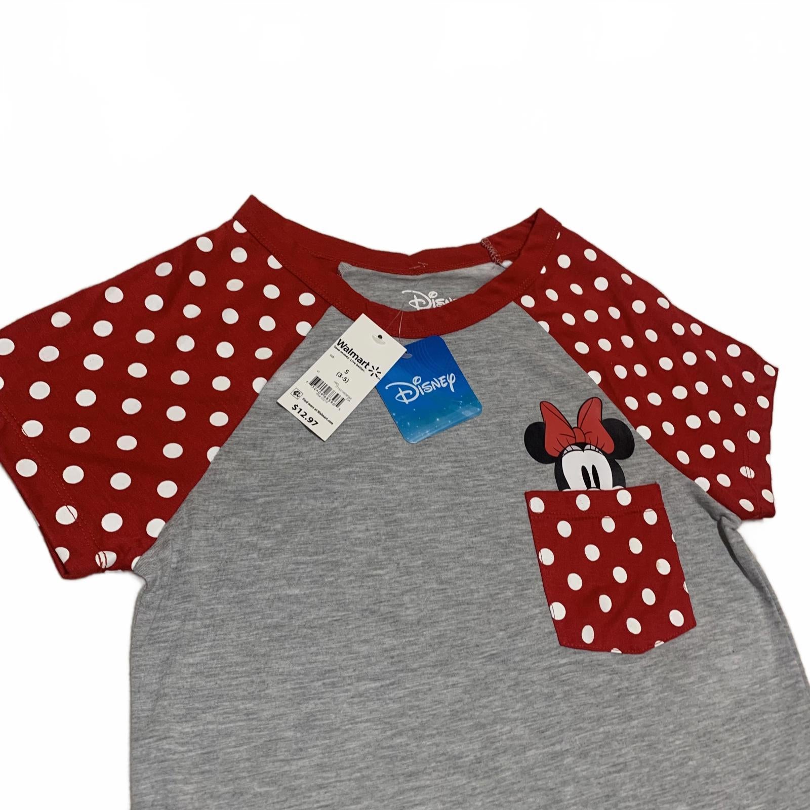 Disney Minnie Mouse Girls' Size Small 3-5 Red Grey T Shirt Polka Dot Sleeves
