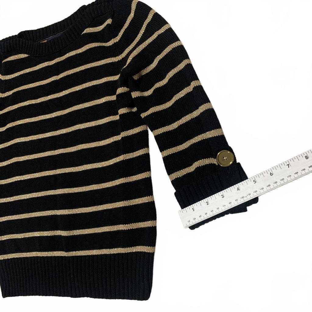 Jones New York Women's Size Petite M Black Beige Striped Sweater Cuffed Sleeve